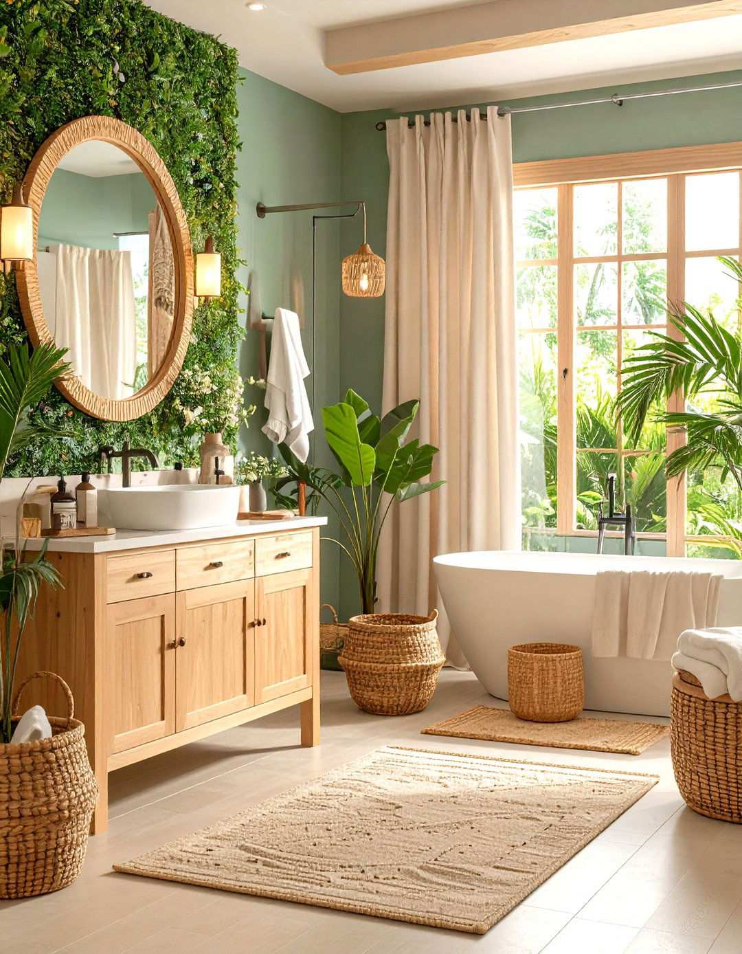 Textured Wall Bathroom with Natural Fiber Elements - 24 Japandi Bathroom Ideas
