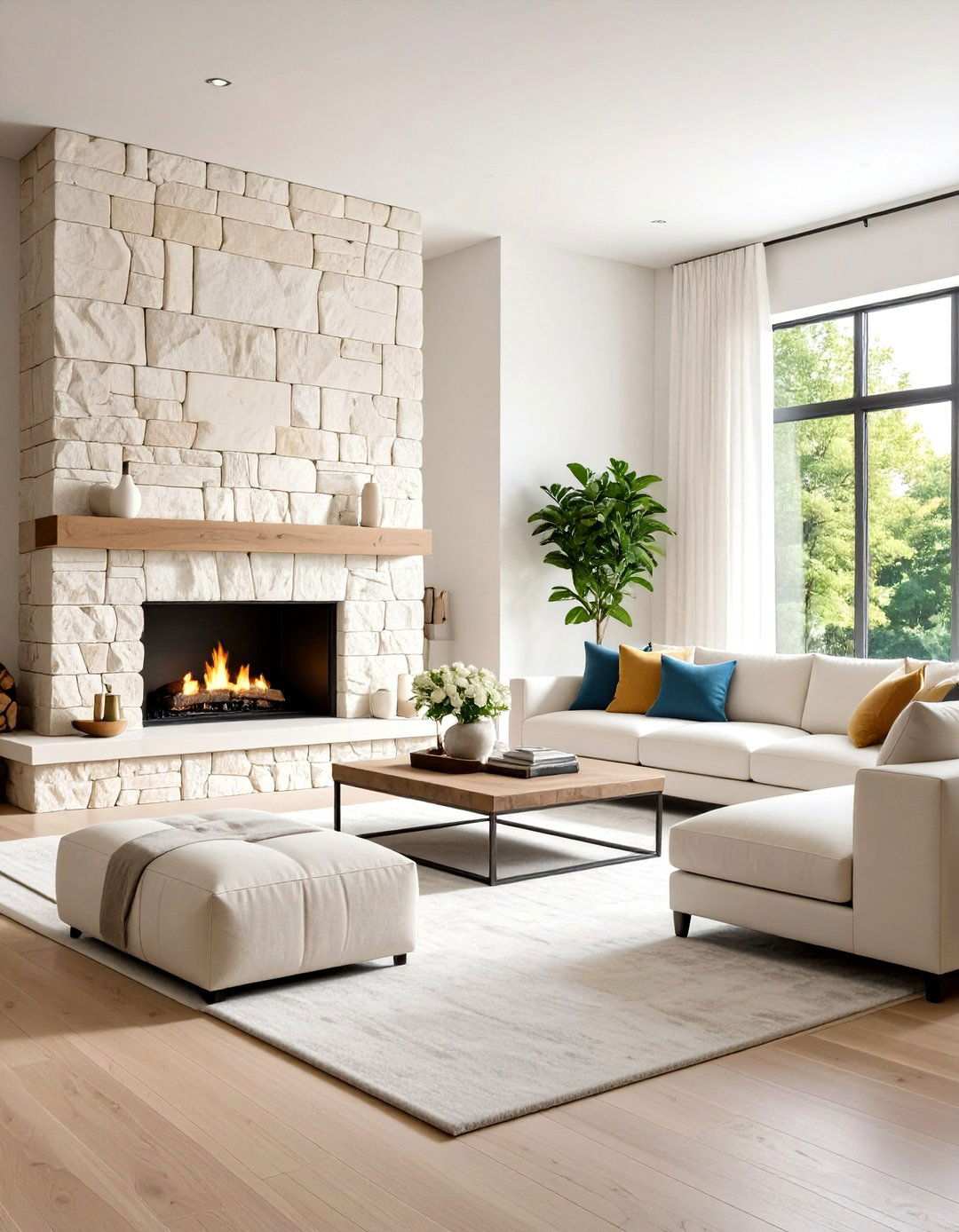 Textured White Limestone Blocks - 24 White Stone Fireplace Ideas