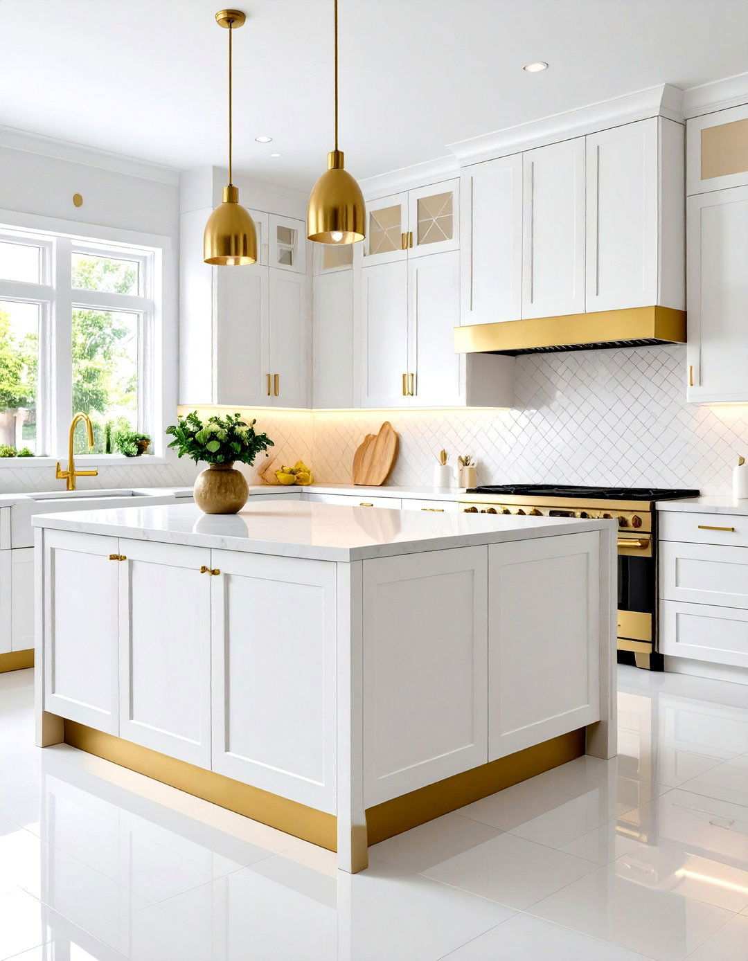 Textured White Tiles with Strategic Gold Highlighting - 24 White and Gold Kitchen Backsplash Ideas
