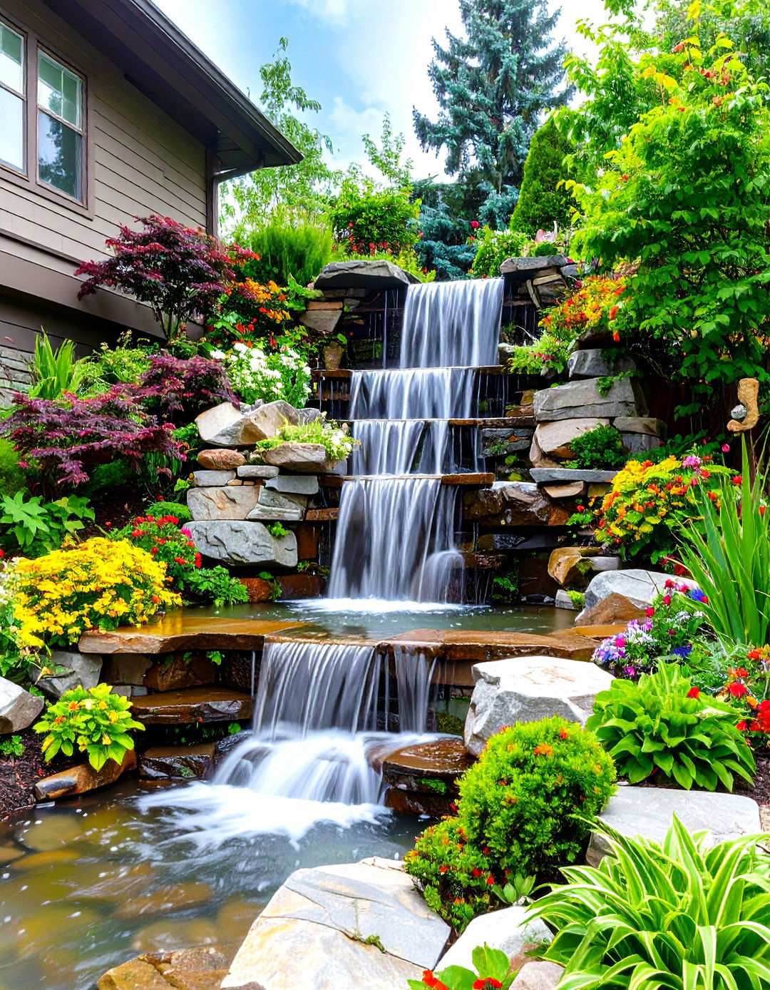 Tiered Stone Waterfall Design - 24 Pondless Waterfall Ideas