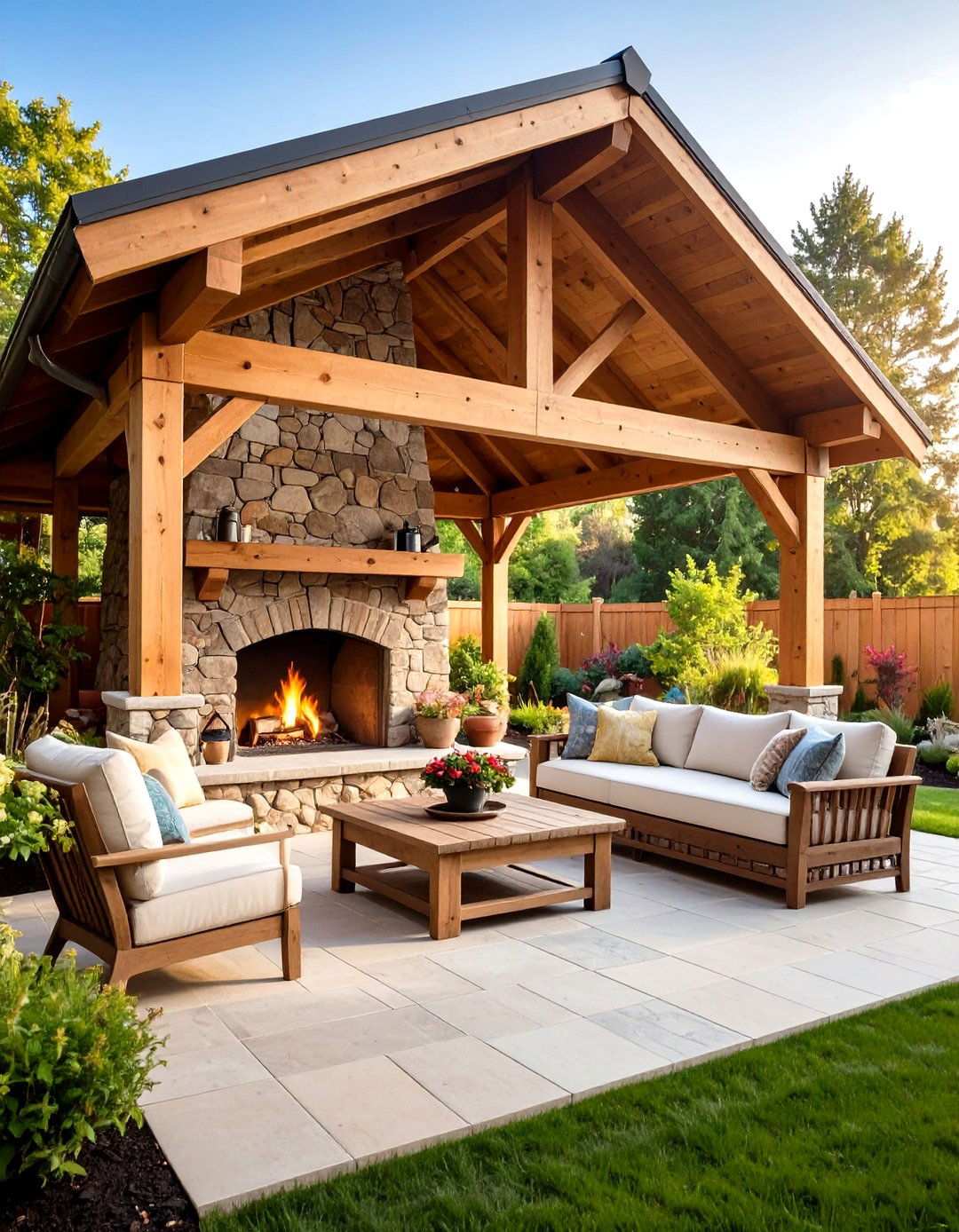 Timber Frame Pavilion with Stone Fireplace - 24 Outdoor Pavilion Ideas