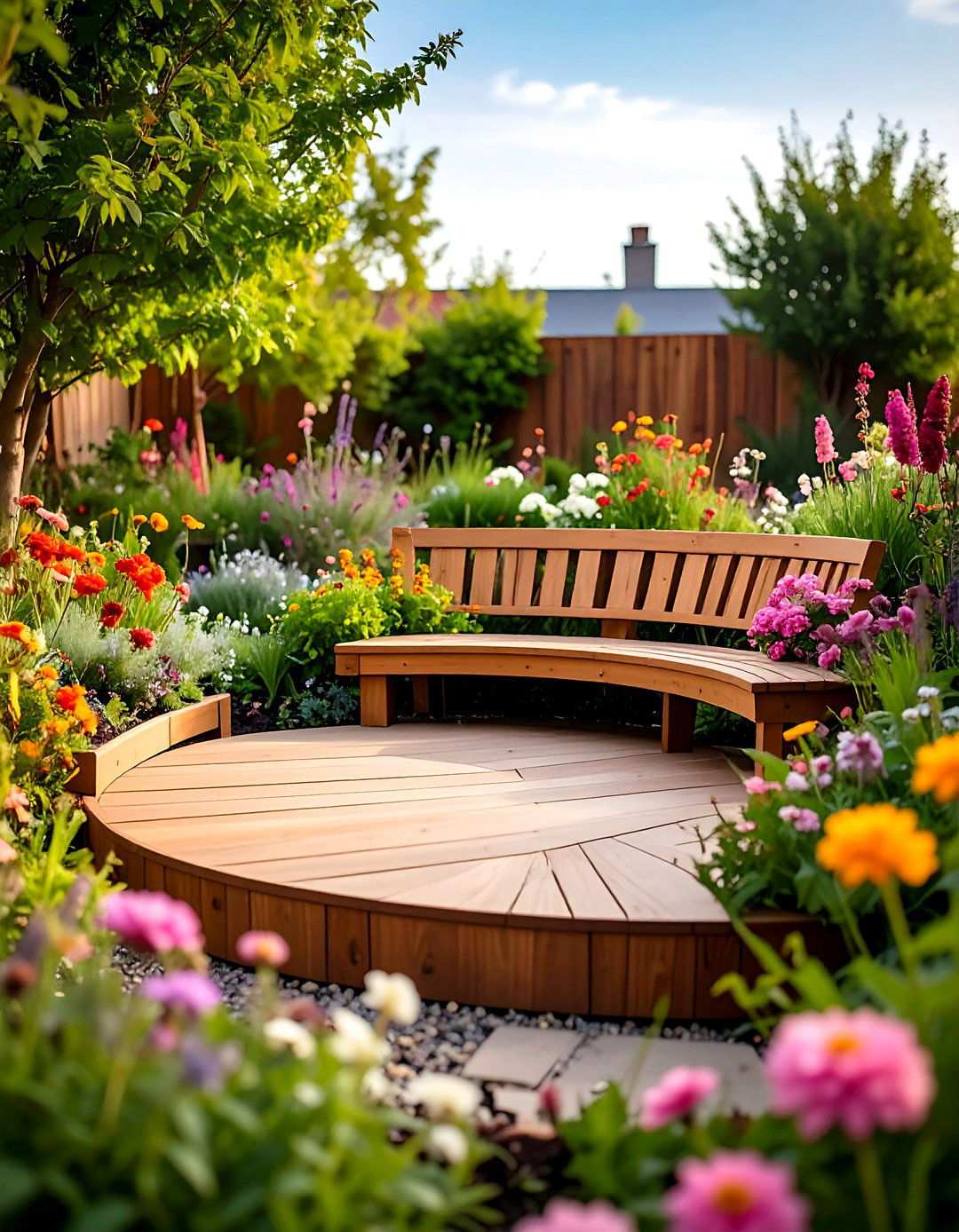 Timber Raised Circle with Integrated Seating Bench - 24 Round Garden Bed Ideas