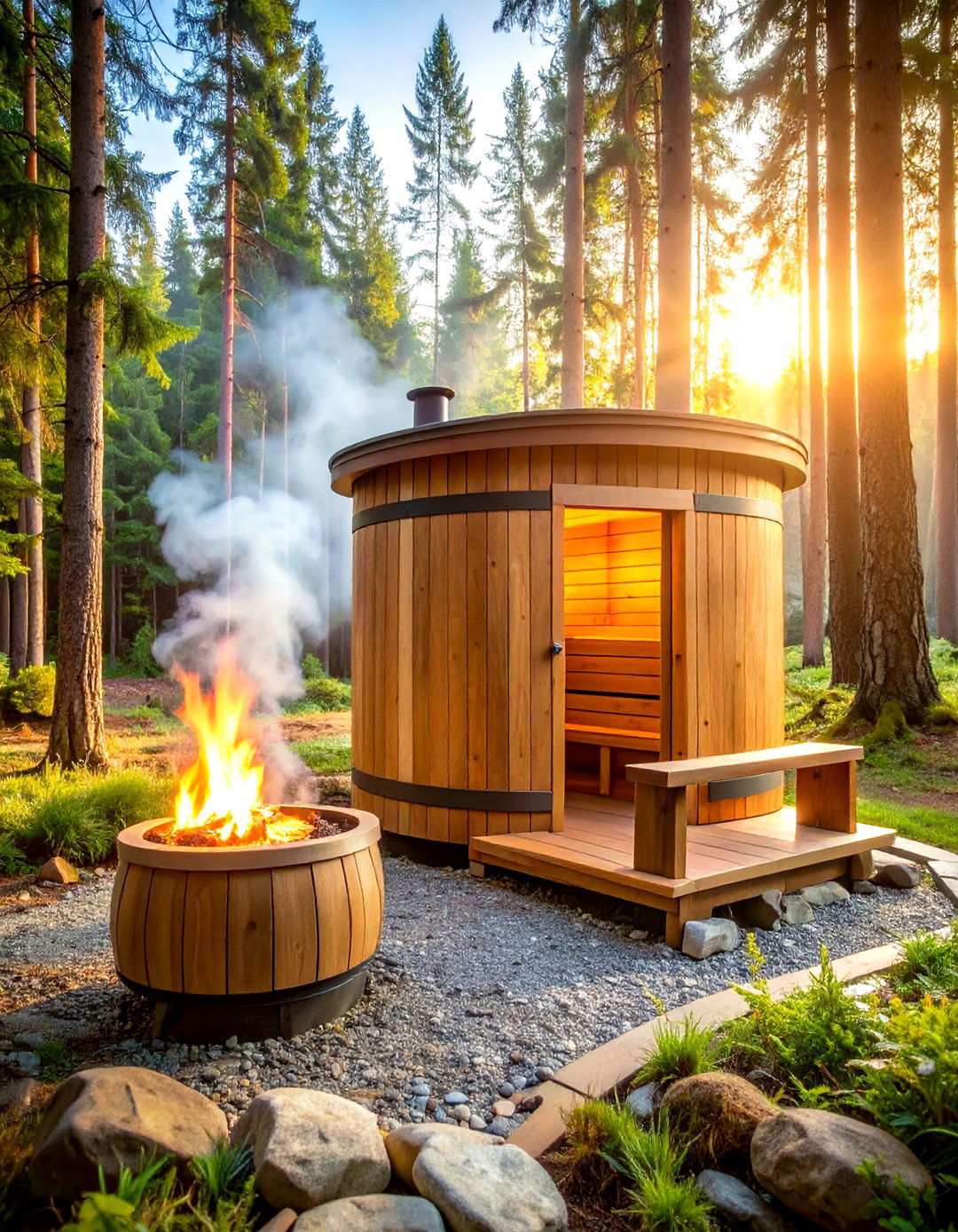 Traditional Barrel Sauna with Wood Burning Stove - 24 Outdoor Sauna Ideas