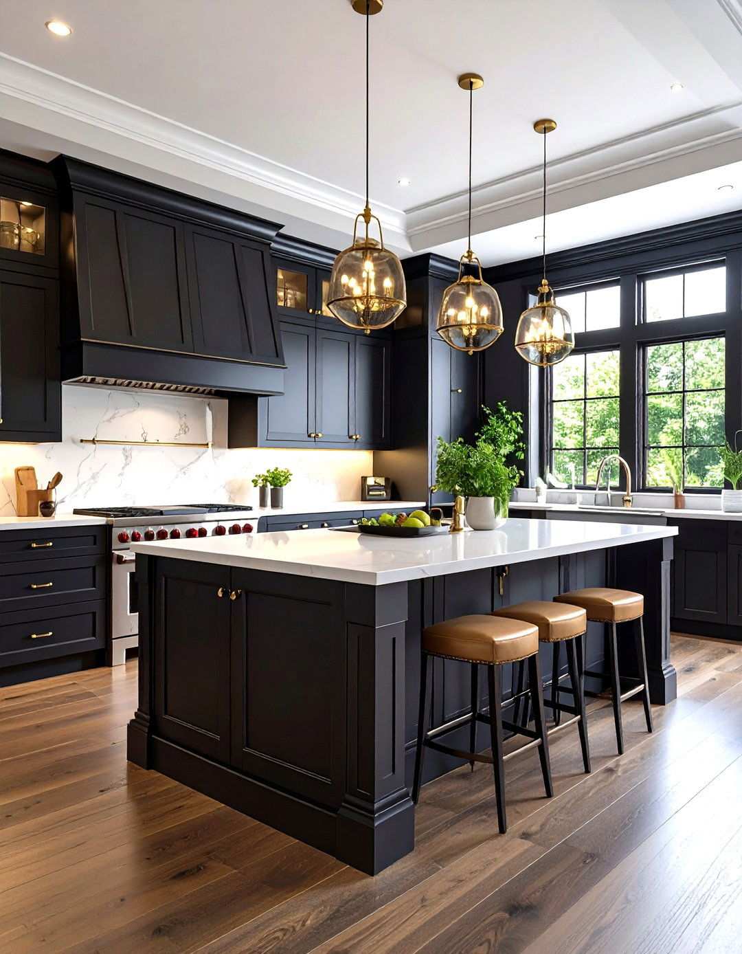 Traditional Black Raised Panel Cabinets with Dark Walnut - 24 Kitchen With Black Cabinets And Wood Countertops Ideas