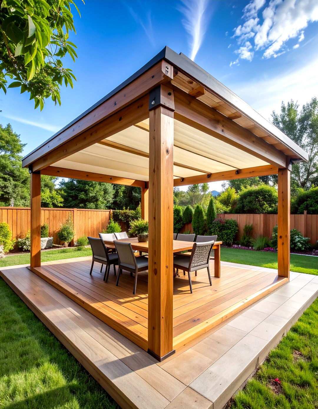 Traditional Cedar Wood Pergola with Retractable Canopy - 24 Patio Pergola Ideas