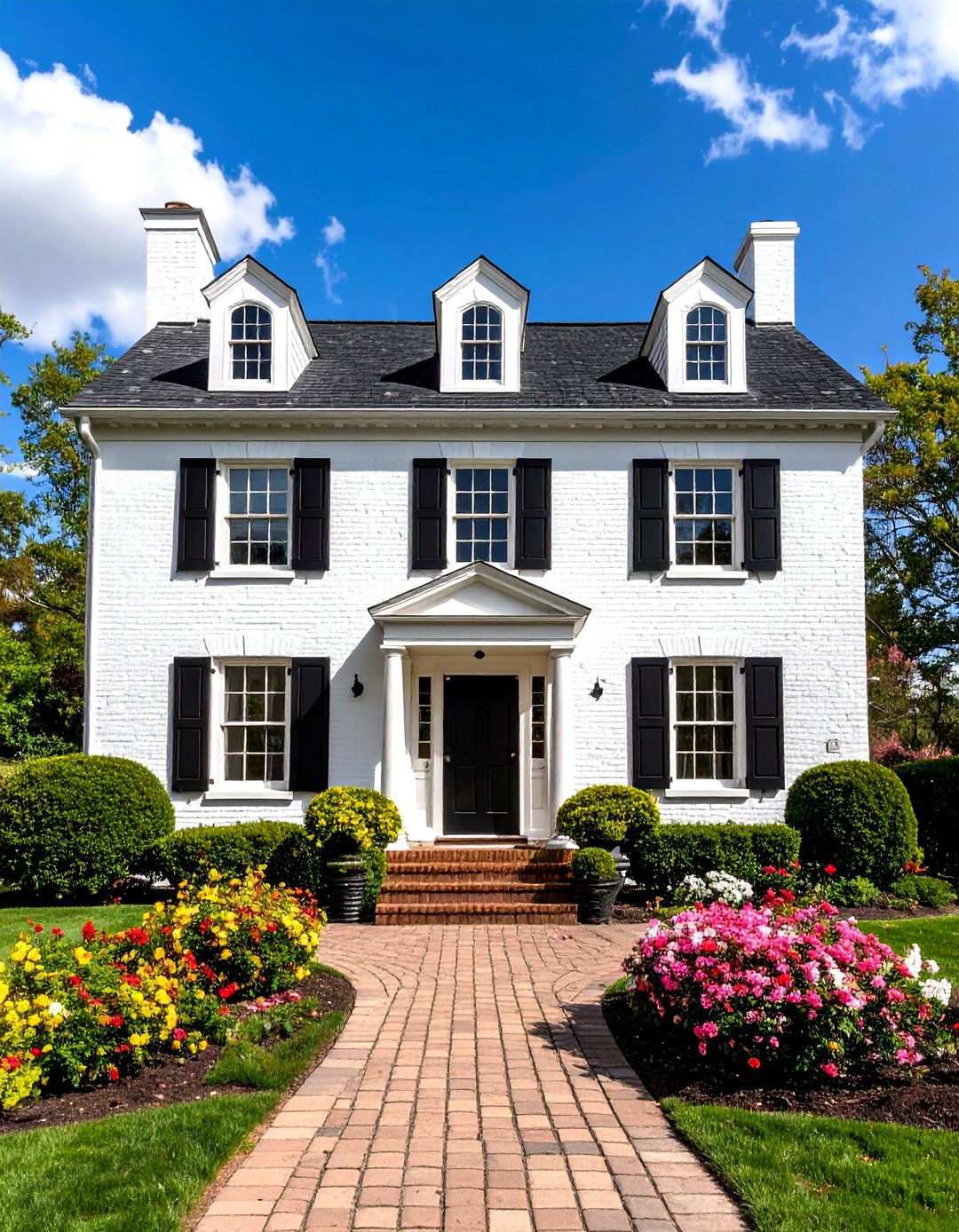 Traditional Colonial Brick Transformation - 24 White Brick House With Black Trim
