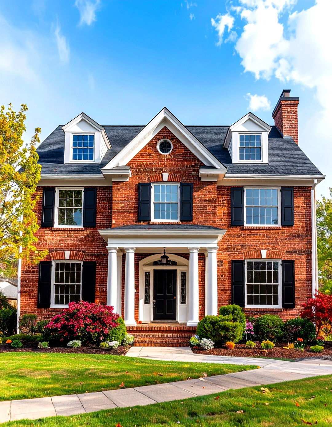 Traditional Colonial Tan Brick Facade - 24 Tan House With Black Trim Design Ideas