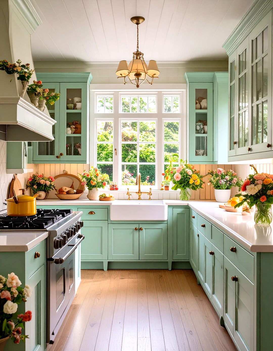 Traditional English Cottage One Wall Kitchen with Painted Cabinetry - 24 One Wall Kitchen Ideas