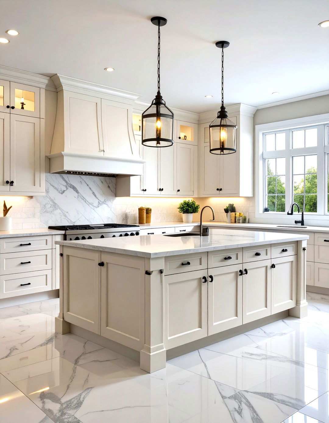 Traditional Inset Kitchen with Classic Black Cup Pulls - 24 White Kitchen Cabinets With Black Hardware