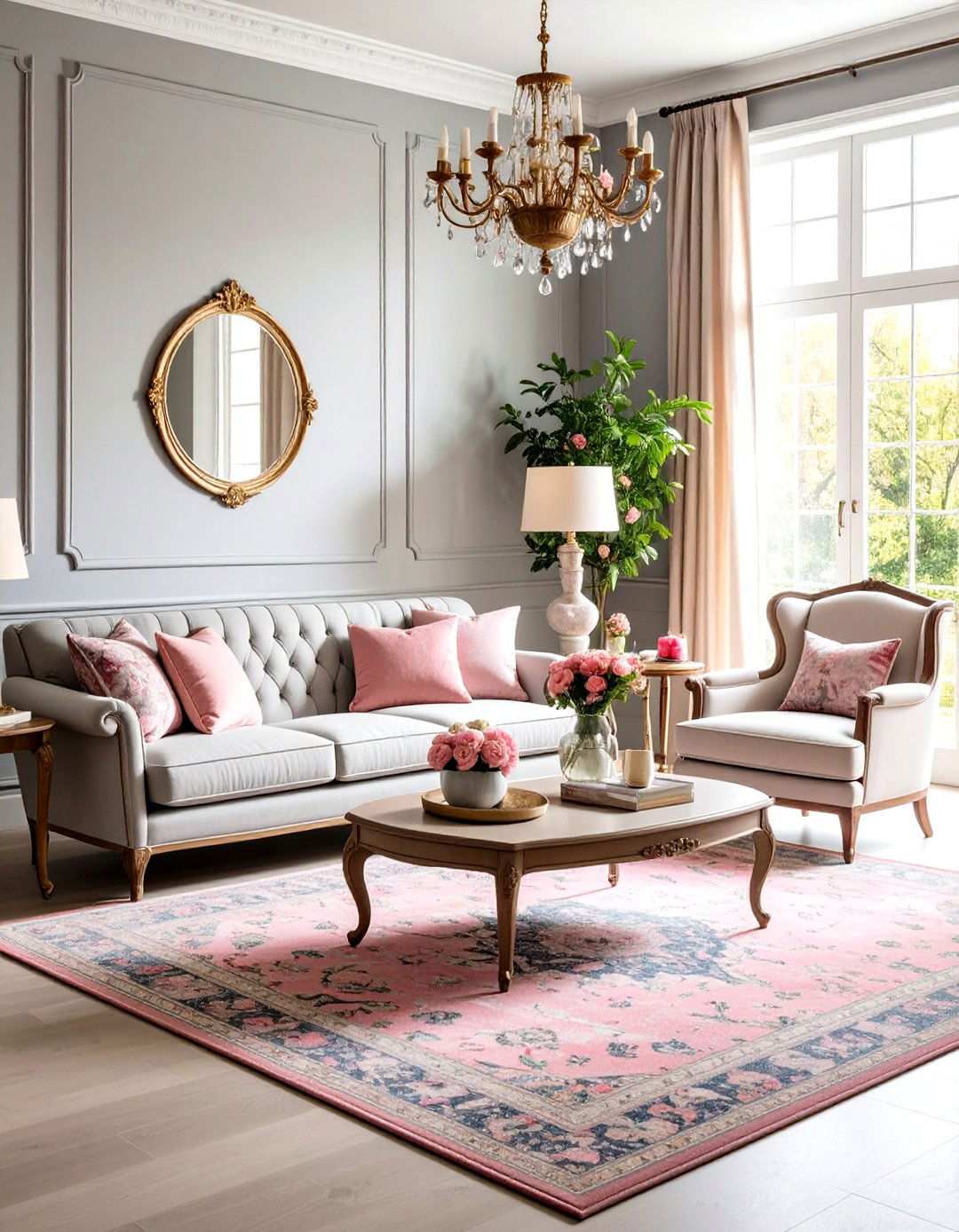 Traditional Pink and Grey with Floral Elements - 24 Pink and Grey Living Room Ideas