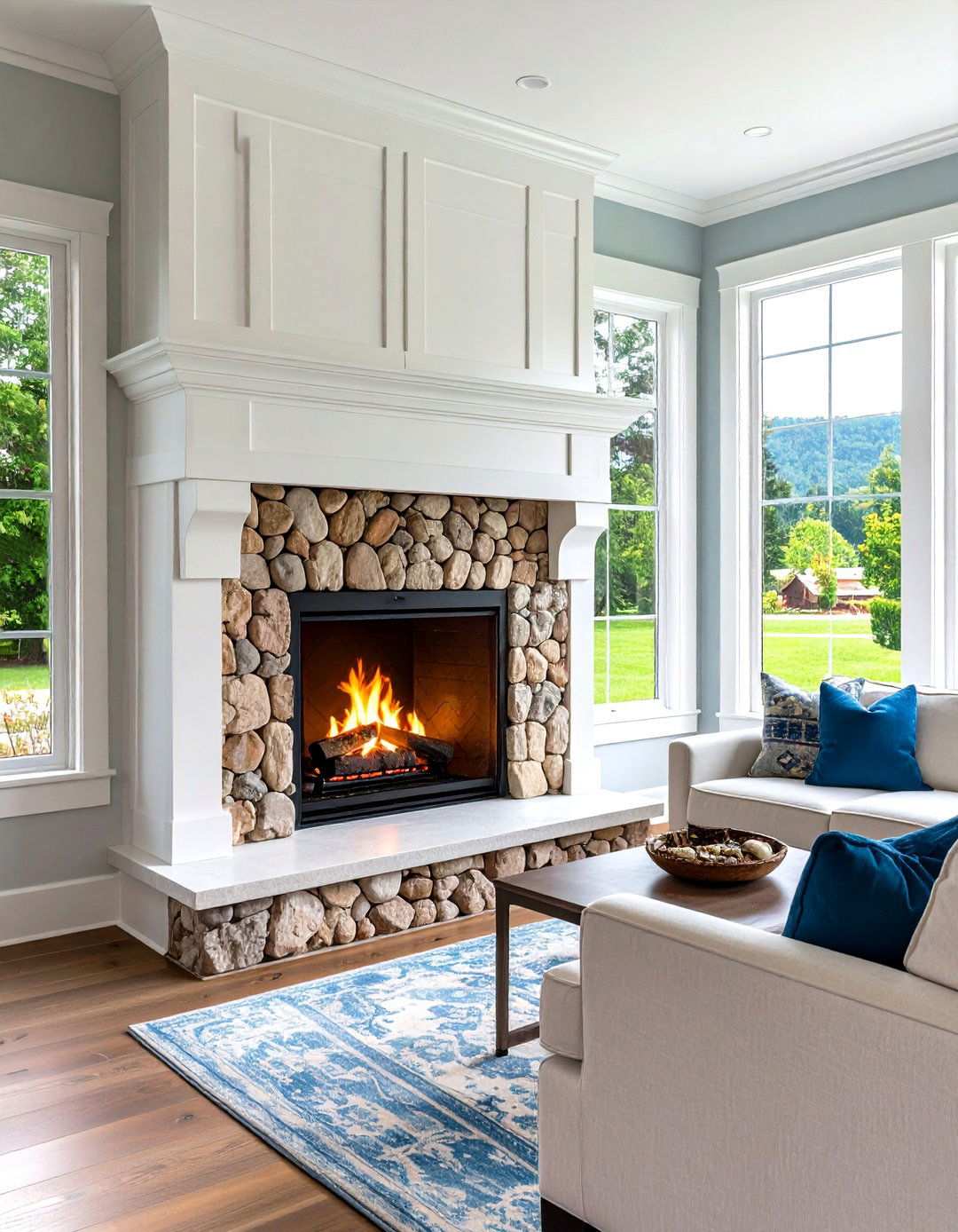 Traditional River Rock with Painted Mantel - 24 River Rock Fireplace Ideas