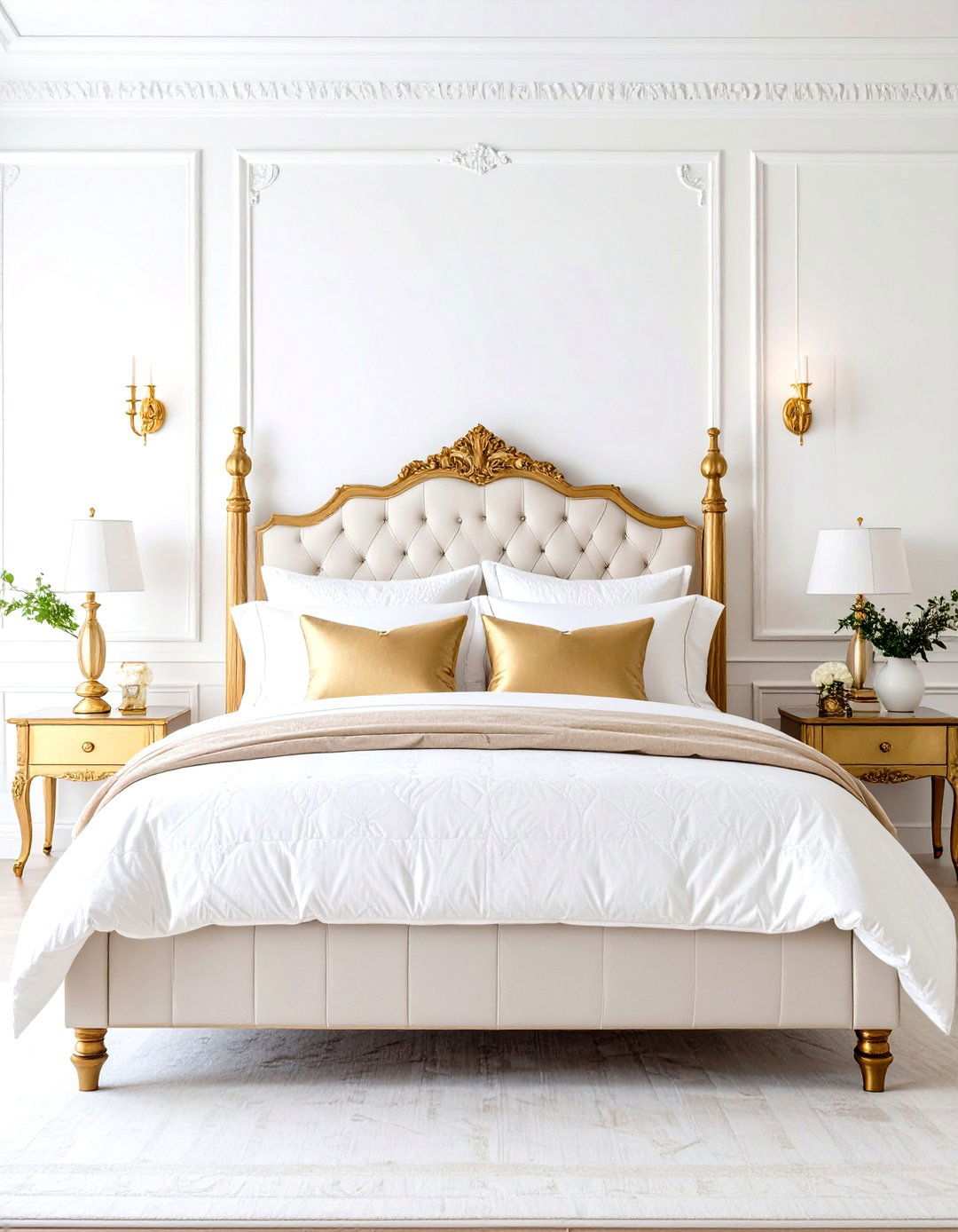 Traditional White Bedroom with Ornate Gold Details - 24 White and Gold Bedroom Ideas