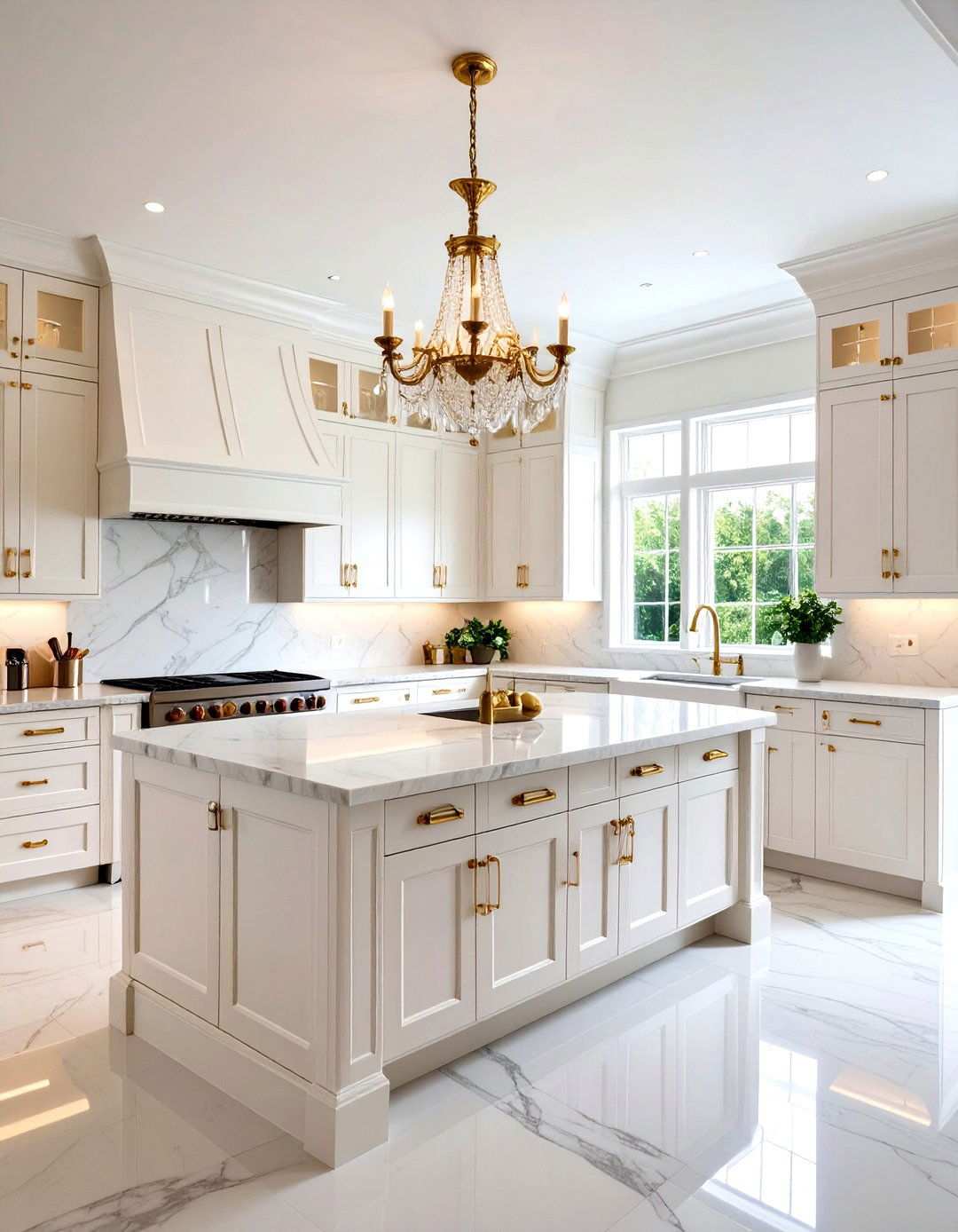 Traditional White Raised Panel Cabinets with Polished Brass Hardware - 24 White Kitchen Cabinets With Gold Hardwar