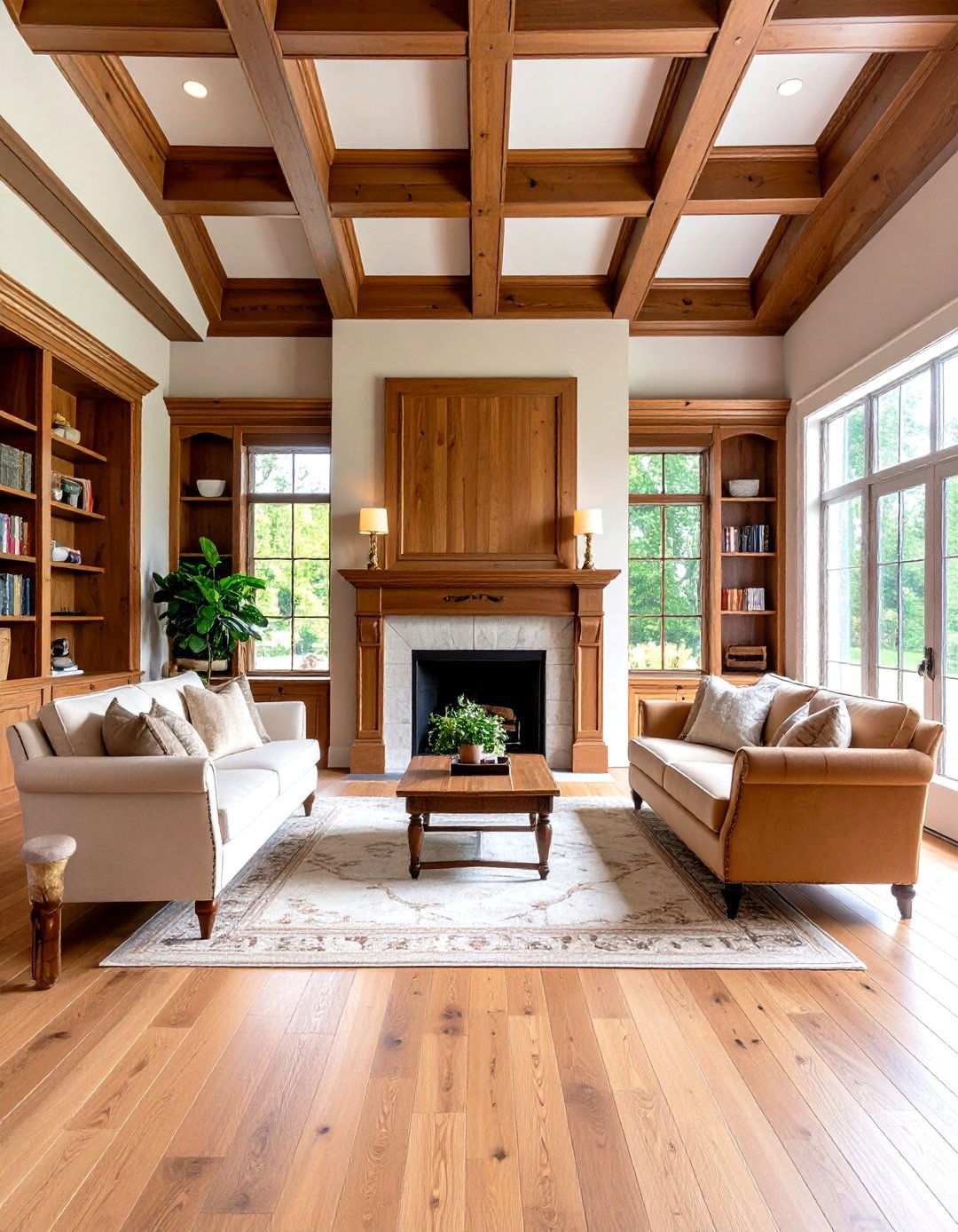 Traditional Wood Panel Fireplace With Coffered Ceiling - 24 Rooms With Fireplaces With Vaulted Ceilings Features