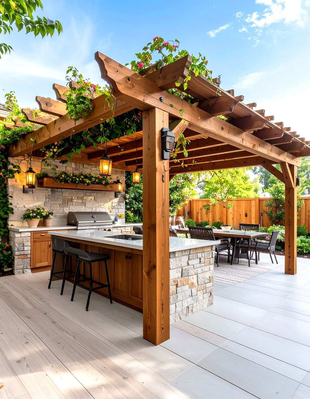 Traditional Wooden Pergola with Climbing Vines - 24 Outdoor Kitchen Roof Ideas