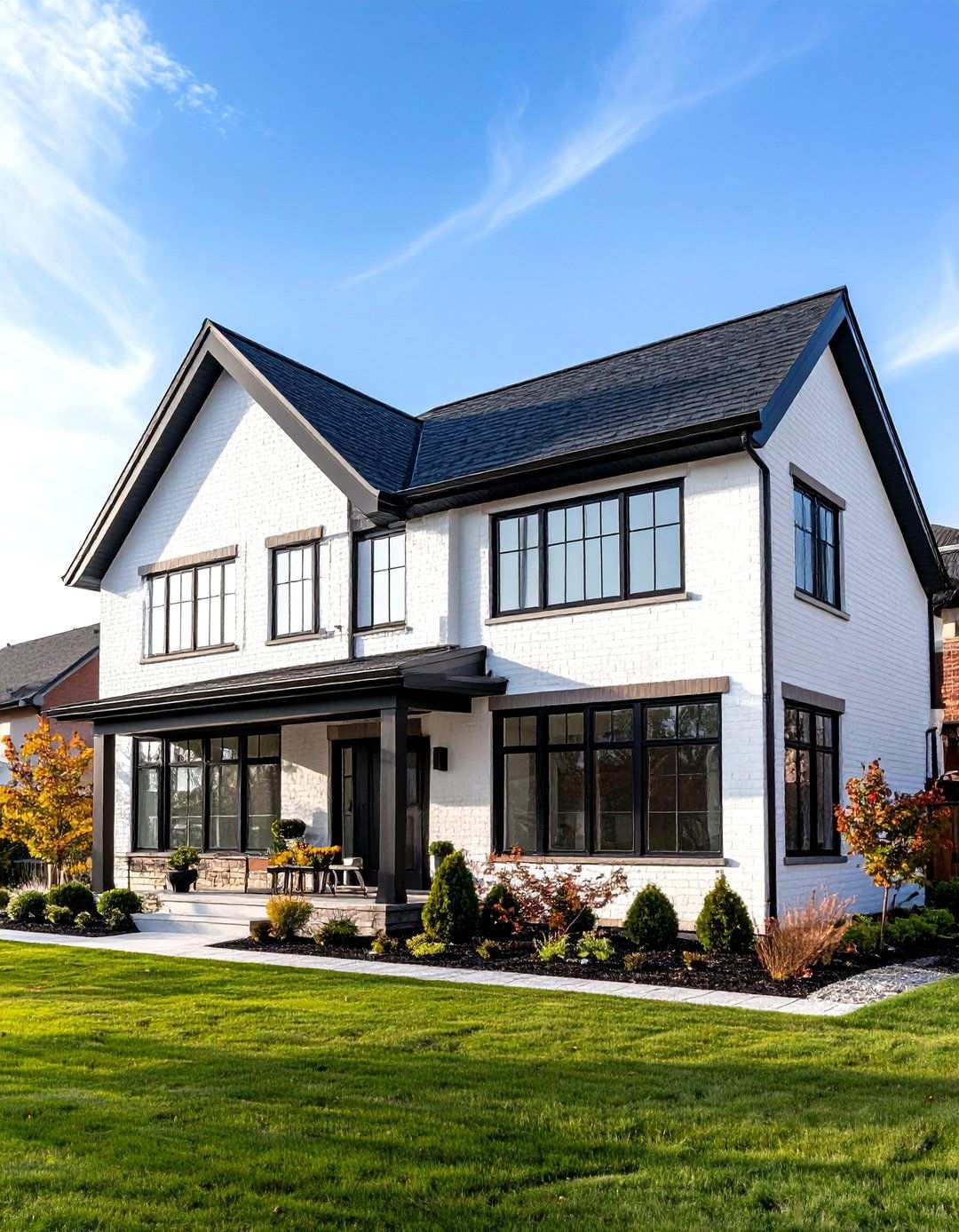 Transitional Brick Design Fusion - 24 White Brick House With Black Trim