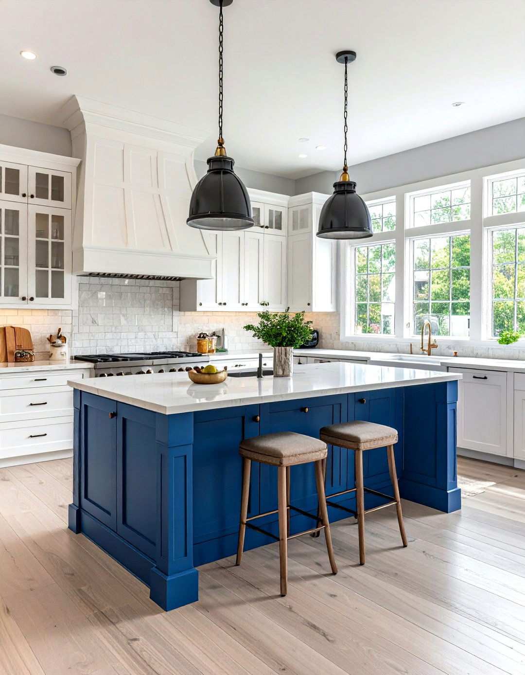 Transitional Denim Blue Island Kitchen - 24 White Kitchen Cabinets With Blue Island