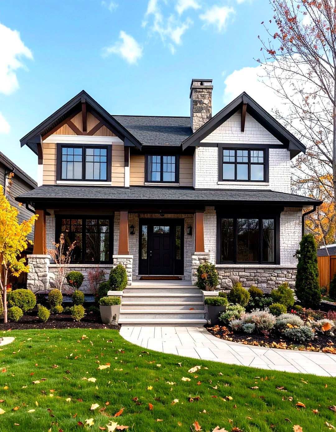 Transitional Design with Mixed Materials - 24 single story white house black trim