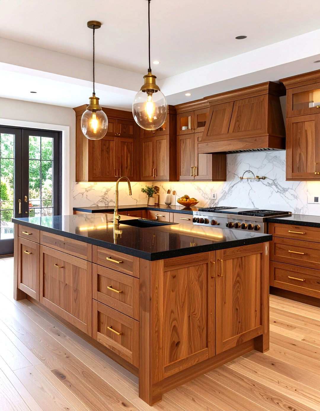Transitional Style Brown Wood Cabinets with Black Surfaces - 24 kitchen with brown cabinets and black countertops ideas