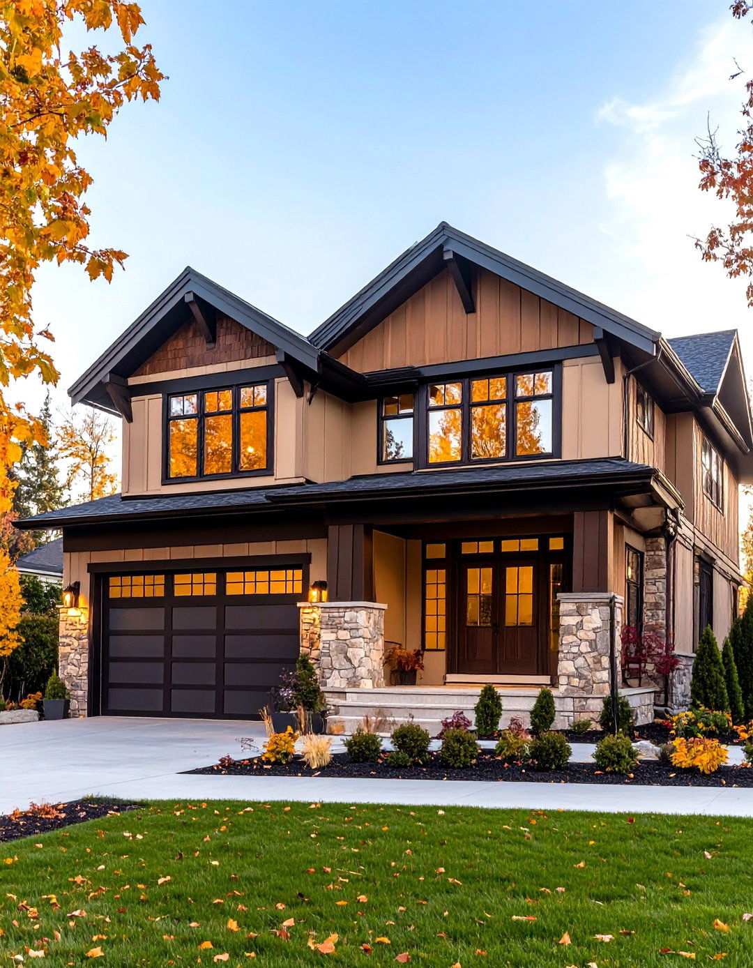 Transitional Style Mixed Materials - 24 Tan House With Black Trim Design Ideas