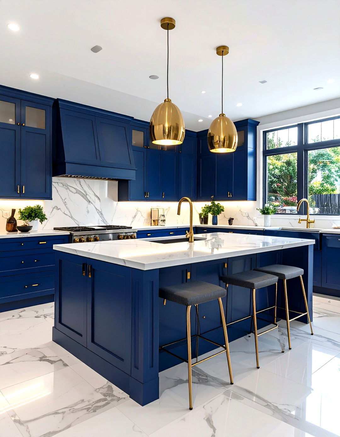 Transitional Style Navy Blue Island - 24 White Kitchen Cabinets With Blue Island