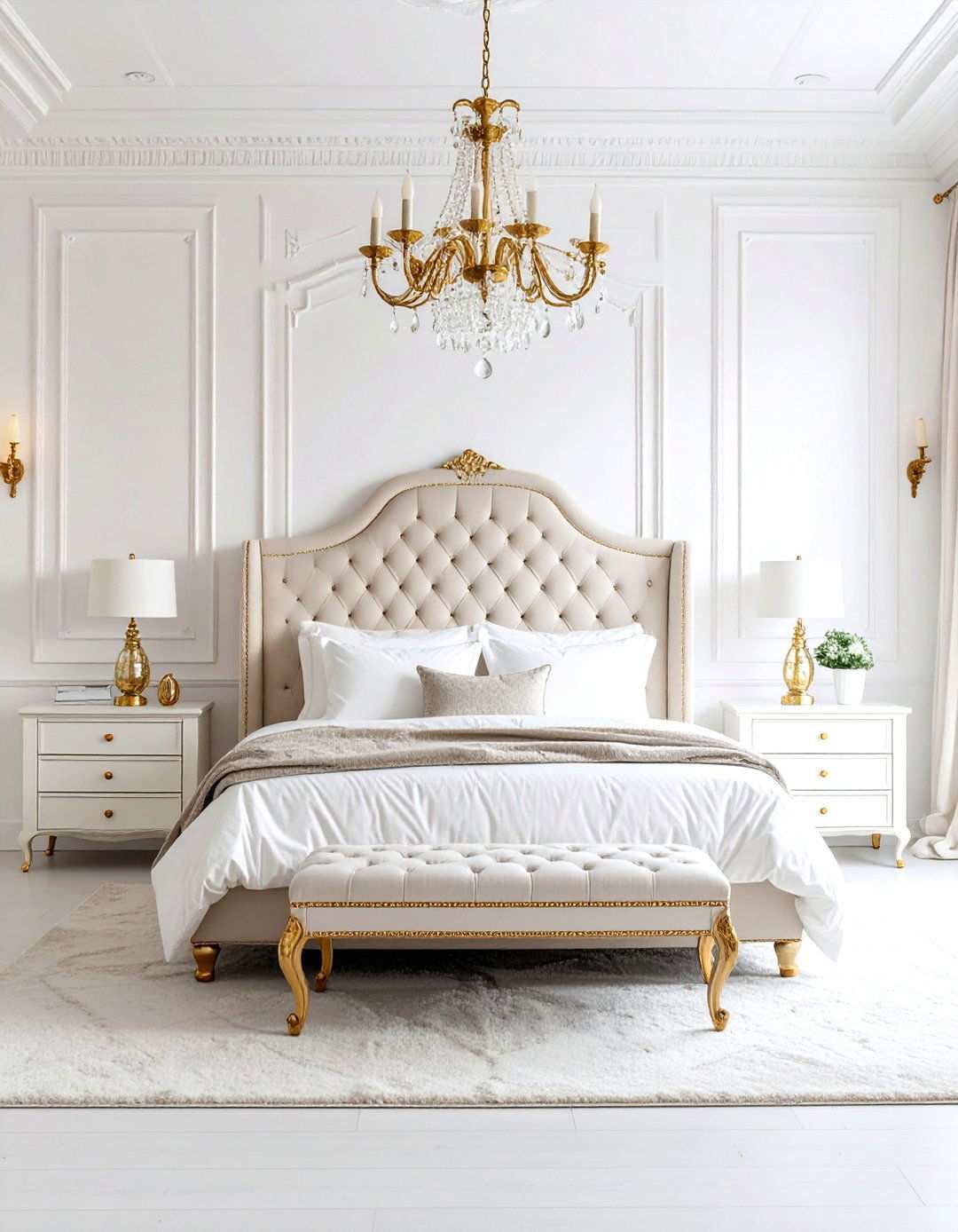 Transitional White Bedroom with Balanced Gold Elements - 24 White and Gold Bedroom Ideas