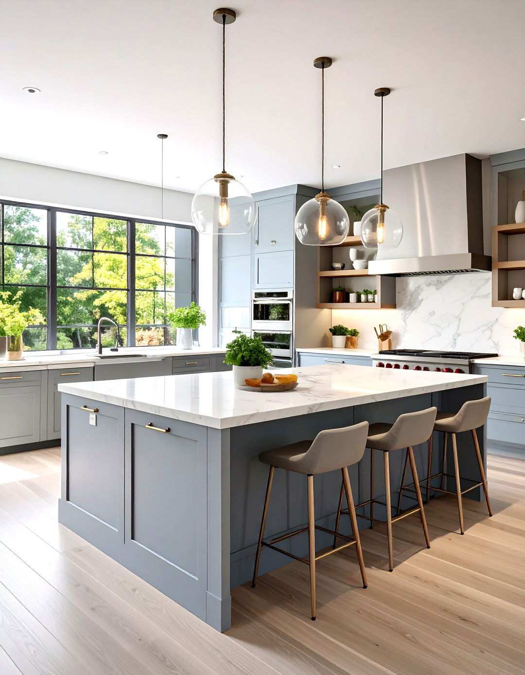 Transitional White Kitchen With Benjamin Moore Grey Island - 24 White Kitchen Cabinets With Grey Island Ideas