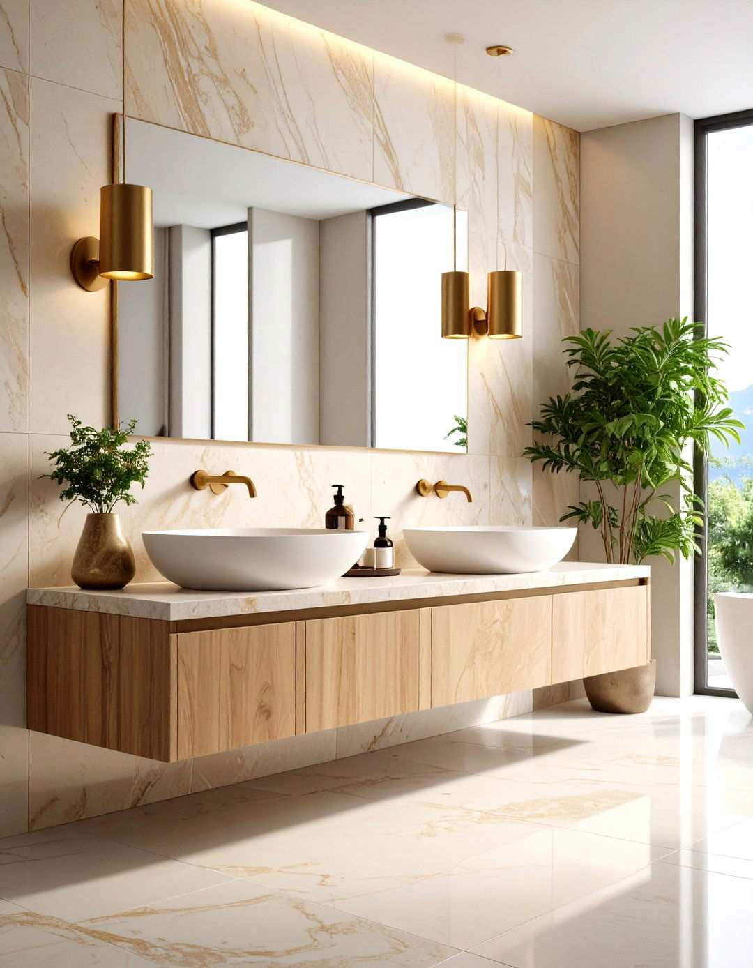 Travertine Integrated Sink with Bronze Fixtures - 24 Small Bathroom Sink Ideas