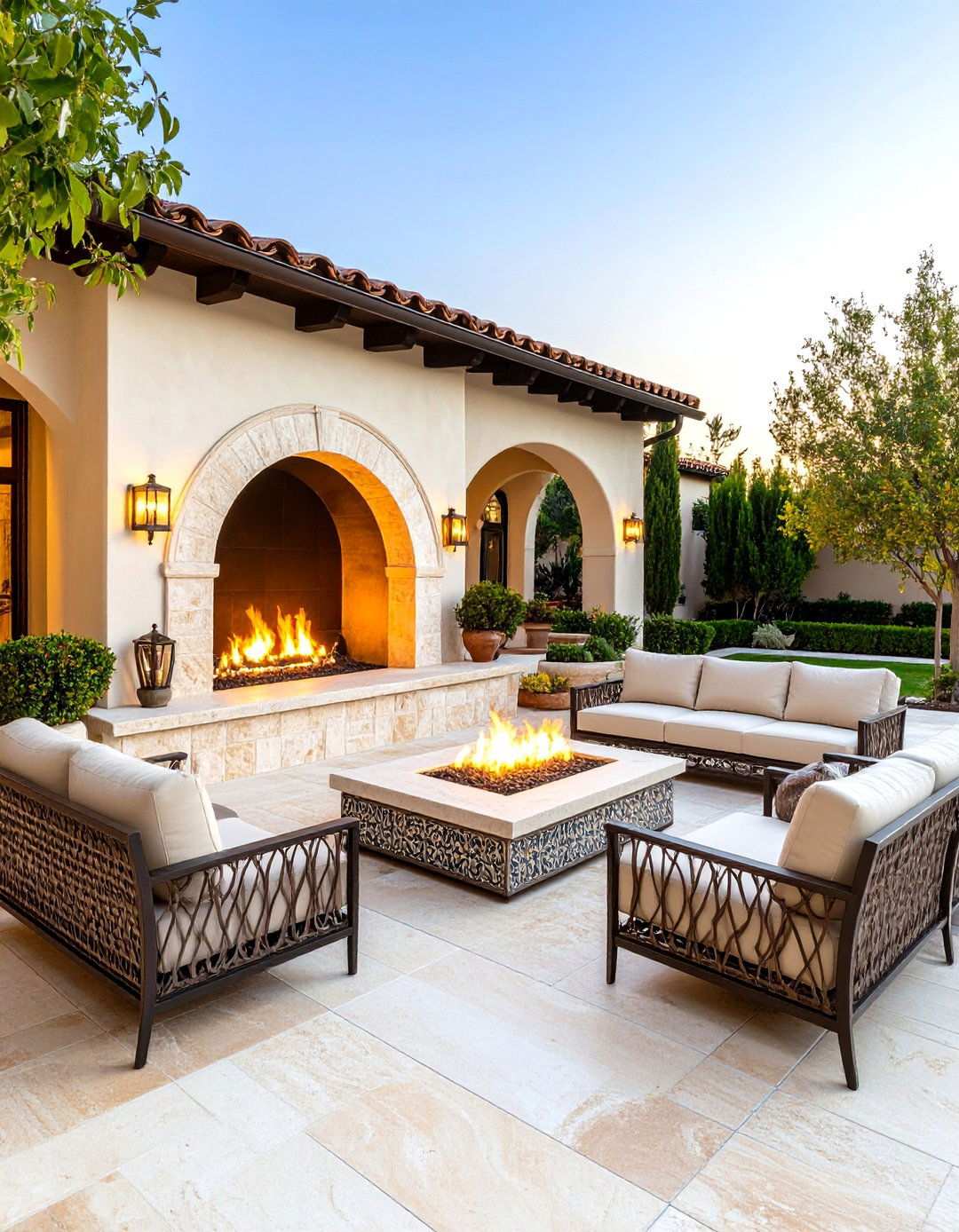 Travertine Patio with Mediterranean Fire Feature - 24 Stone Patio With a Fire Pit Ideas