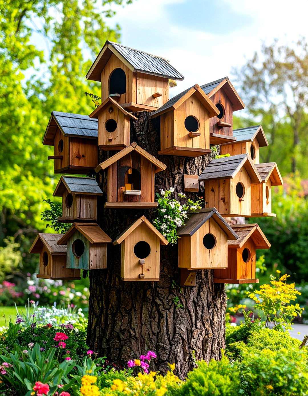Tree Stump Birdhouse Community Village - 24 Tree Stump Decorating Ideas