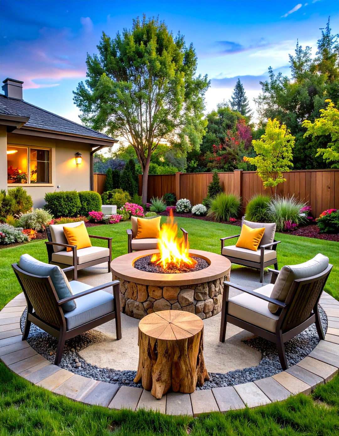 Tree Stump Fire Bowl Gathering Space - 24 Tree Stump Decorating Ideas