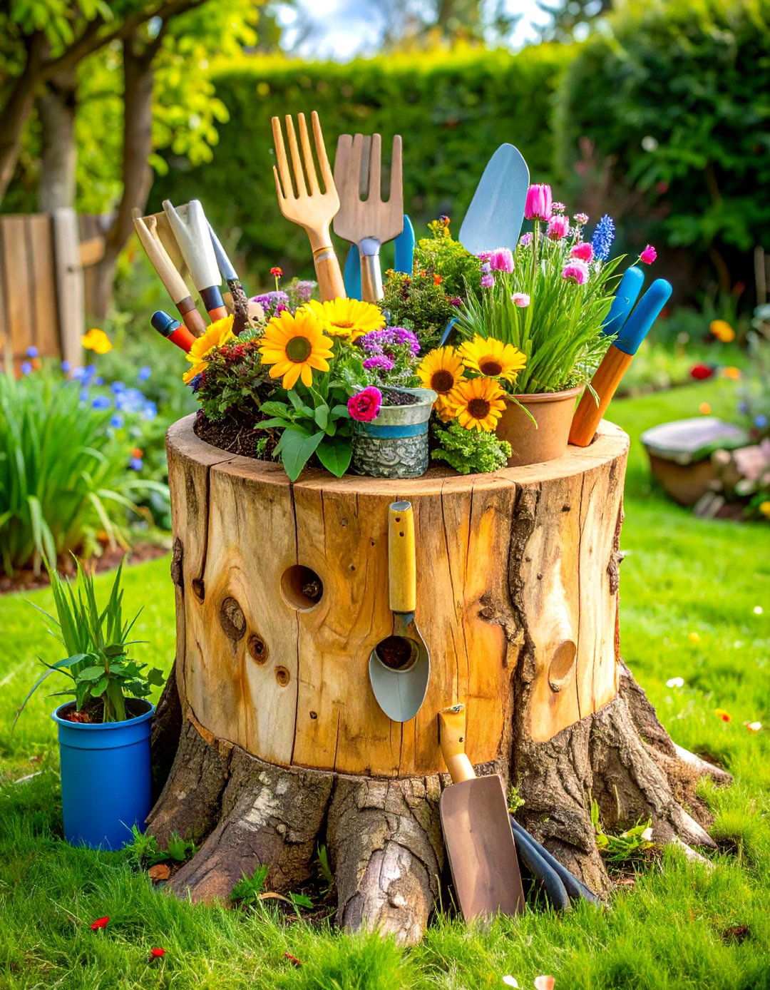 Tree Stump Garden Tool Storage Hub - 24 Tree Stump Decorating Ideas