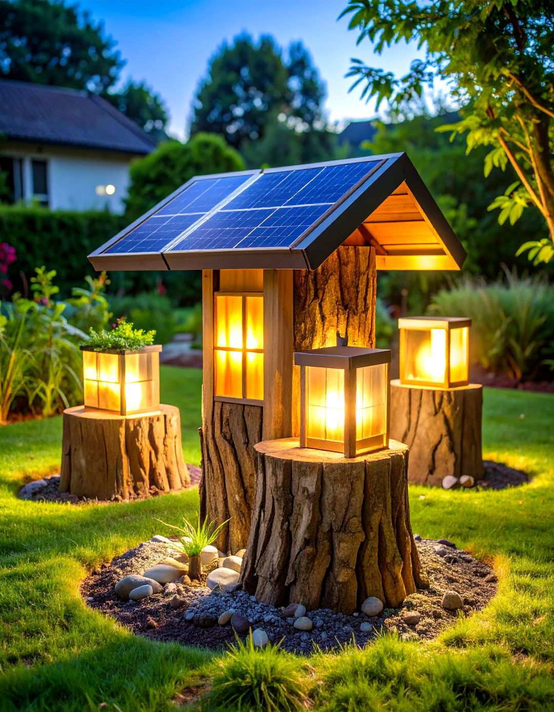 Tree Stump Solar Light Display - 24 Tree Stump Decorating Ideas