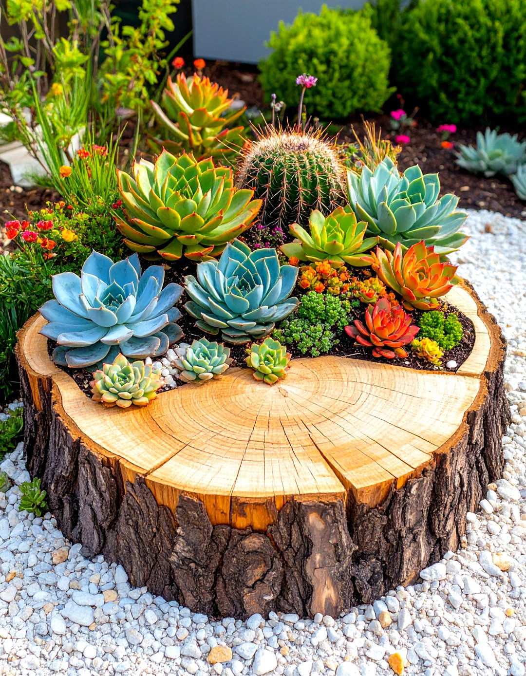 Tree Stump Succulent Display Garden - 24 Tree Stump Decorating Ideas