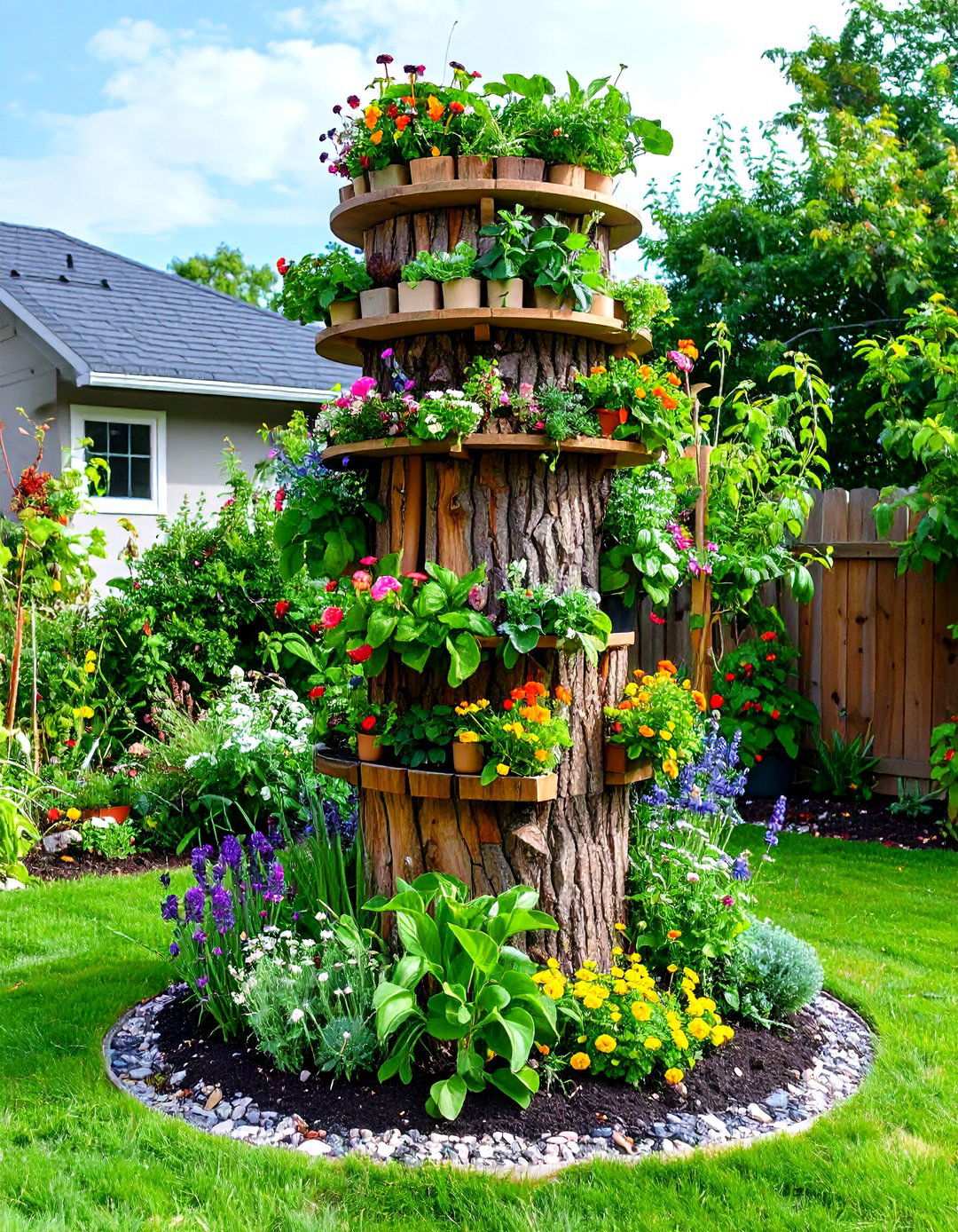 Tree Stump Vertical Garden Tower - 24 Tree Stump Decorating Ideas