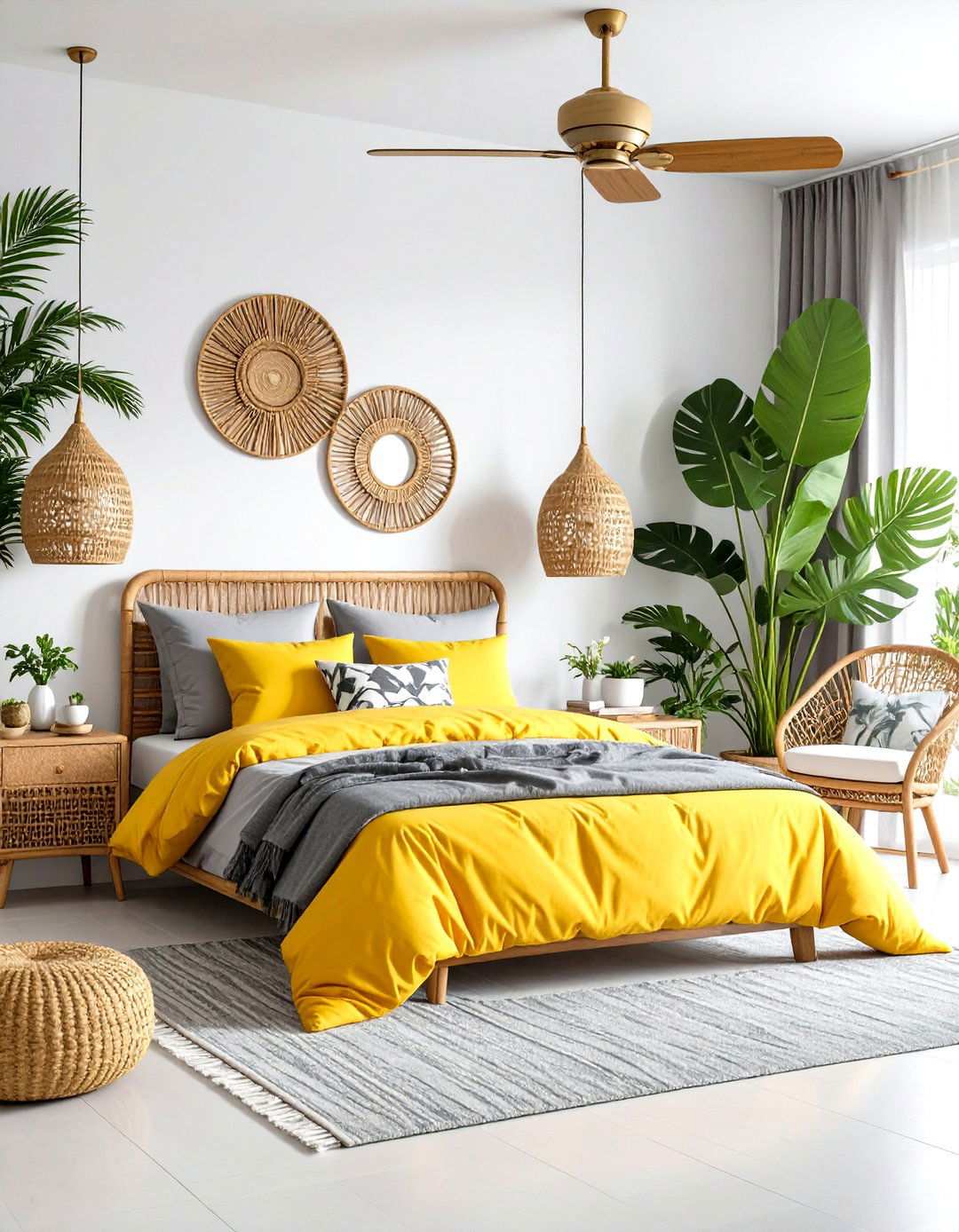 Tropical Bright Yellow and Grey Bedroom - 24 Yellow and Grey Bedroom Ideas