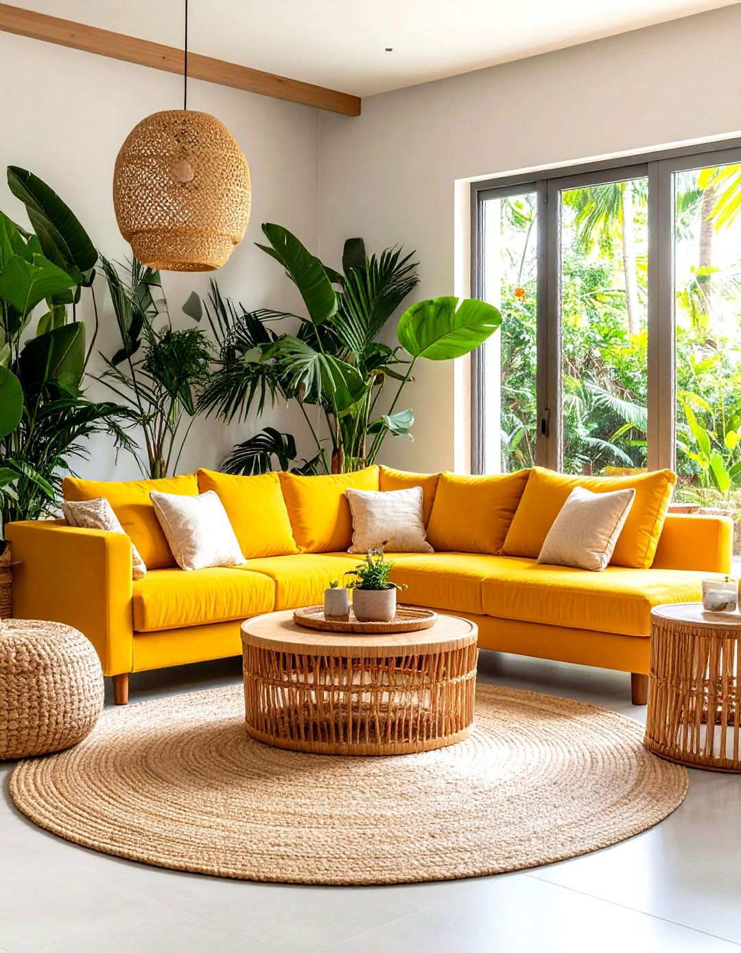 Tropical Bright Yellow Living Room Design - 24 Yellow Couch Living Room Ideas