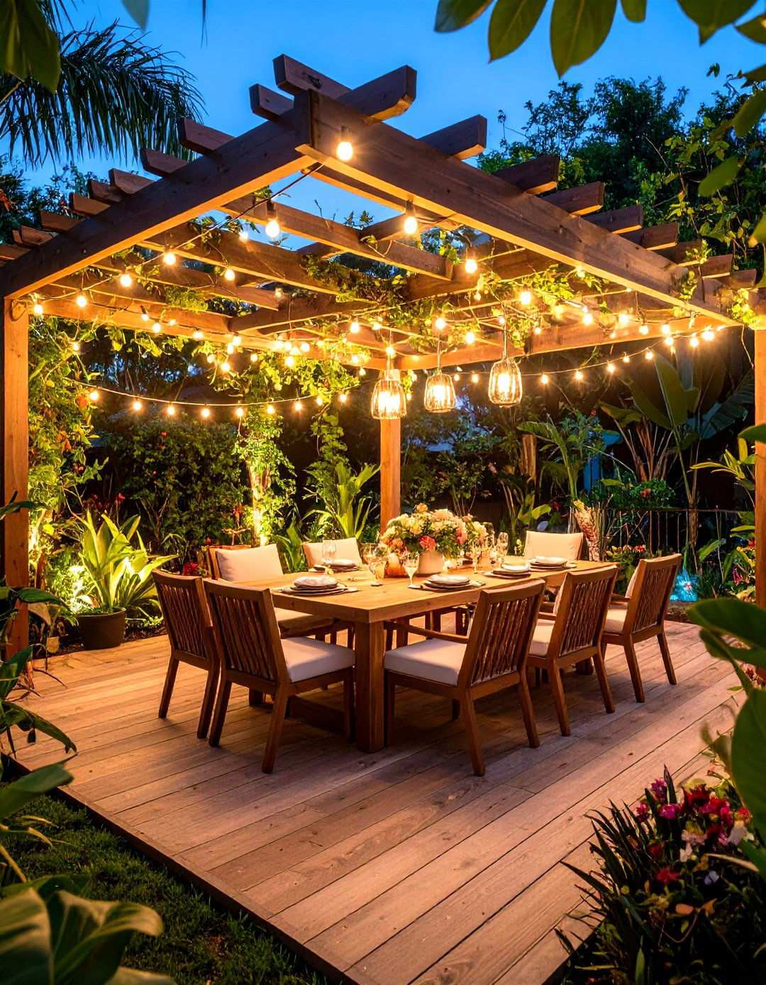 Tropical Dining Terrace with Pergola - 24 Tropical Backyard Ideas