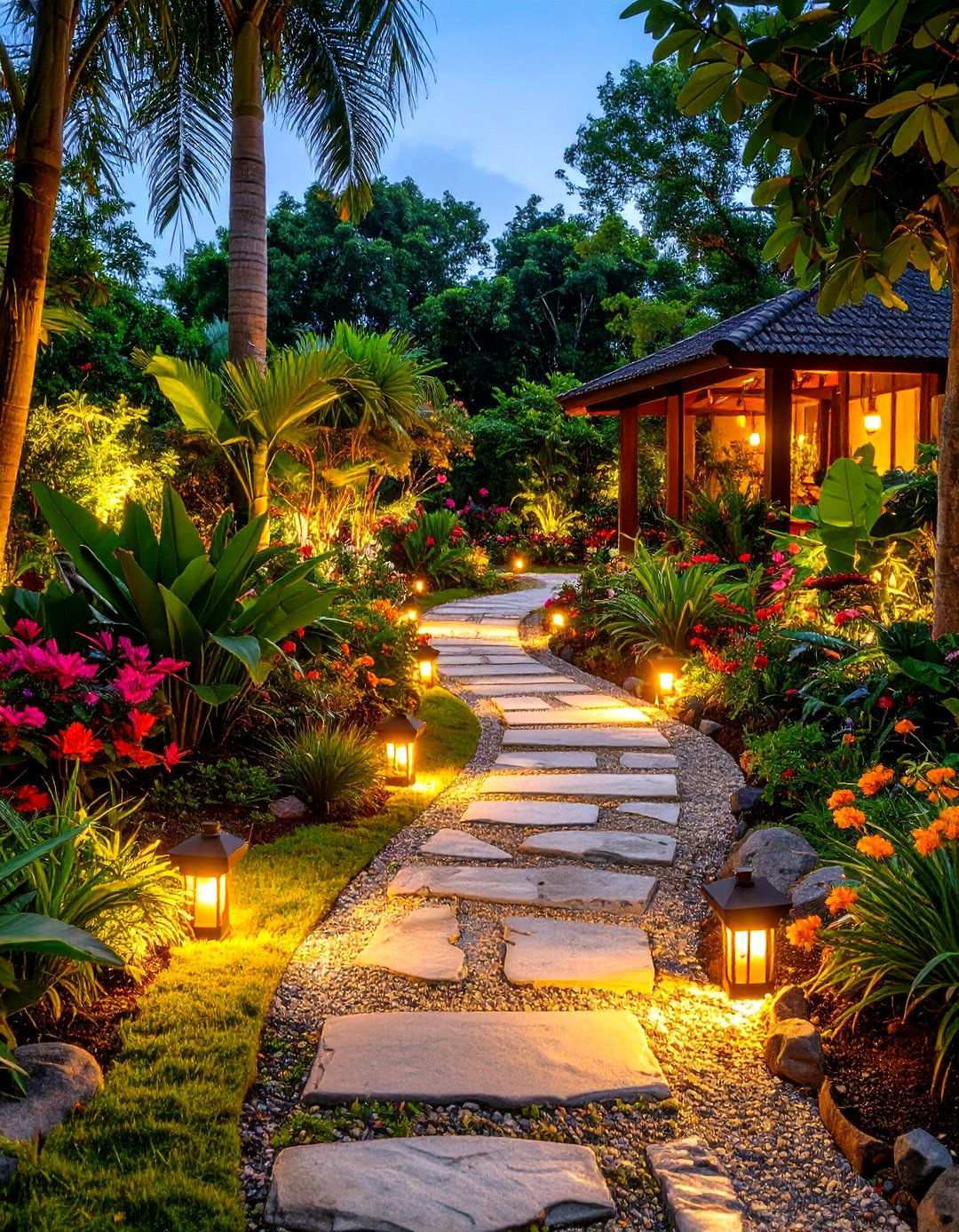 Tropical Garden Walkway with Lighting - 24 Tropical Backyard Ideas