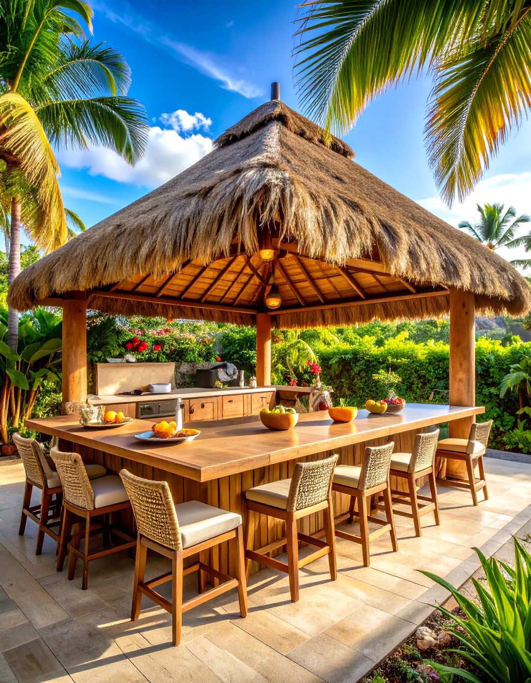 Tropical Outdoor Kitchen with Thatched Roof and Bamboo Accents - 24 Outdoor Kitchen Designs