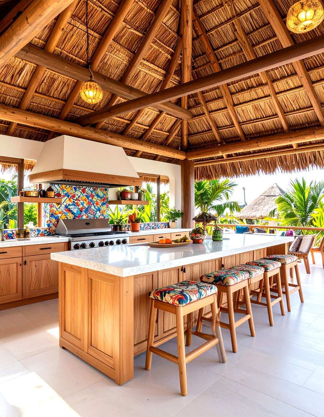 Tropical Resort Kitchen with Thatched Roof - 24 Luxury Outdoor Kitchen Ideas