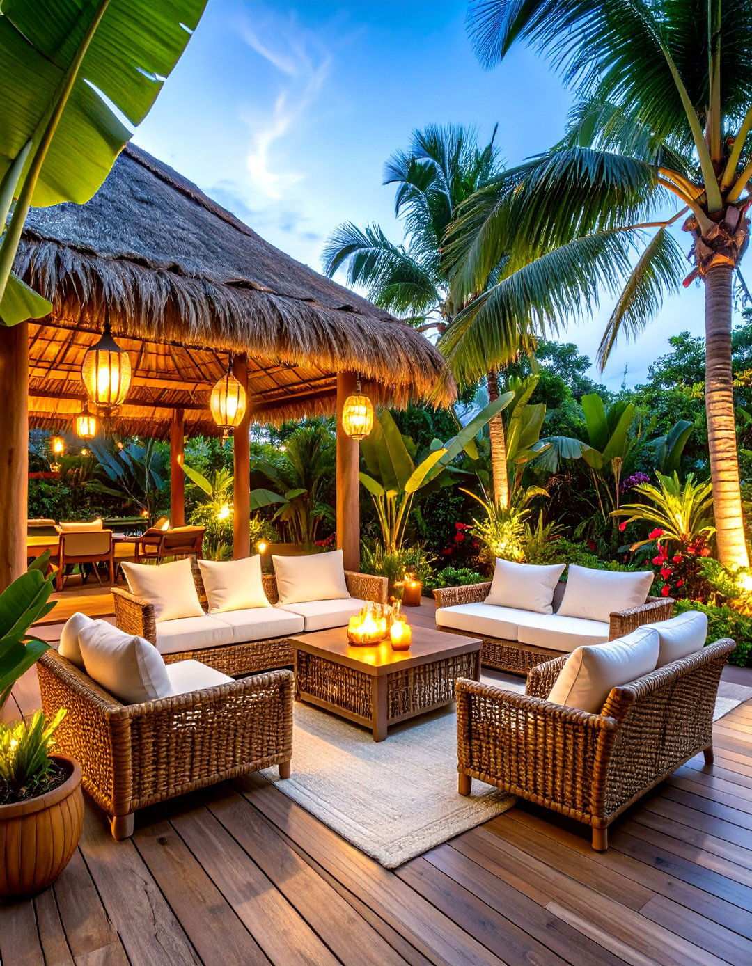 Tropical Resort Outdoor Living Space with Lush Greenery - 24 Outdoor Living Room Ideas