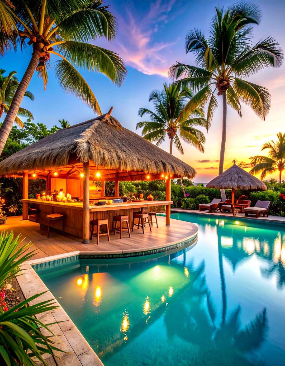 Tropical Tiki Bar Pool House with Island Style Cooking - 24 Pool House With Outdoor Kitchen Ideas