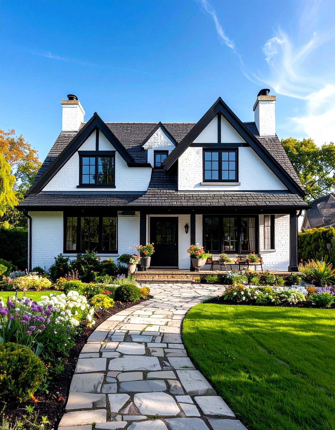 Tudor Cottage Brick Revival Style - 24 White Brick House With Black Trim