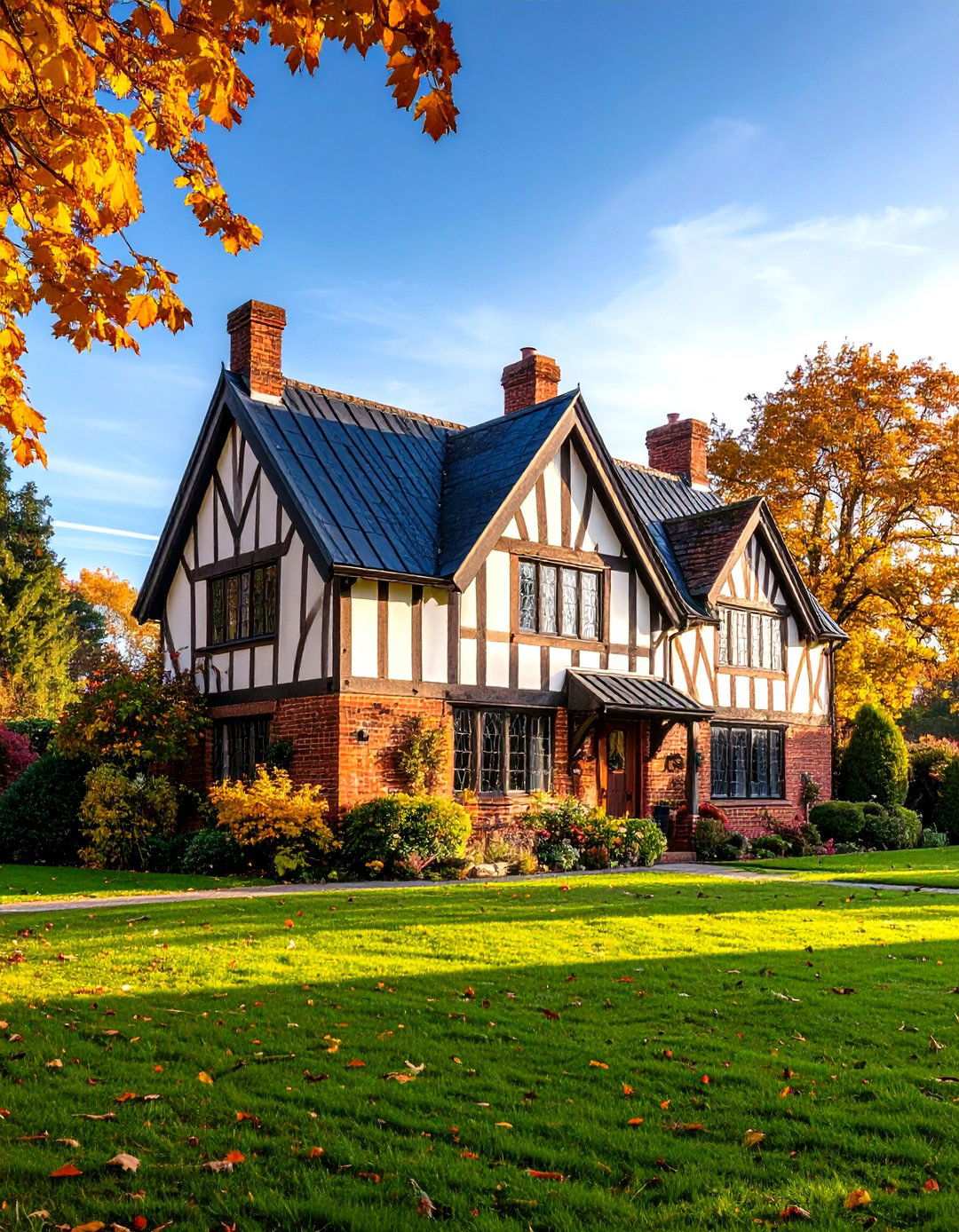 Tudor Revival Manor - 24 houses with blue metal roofs