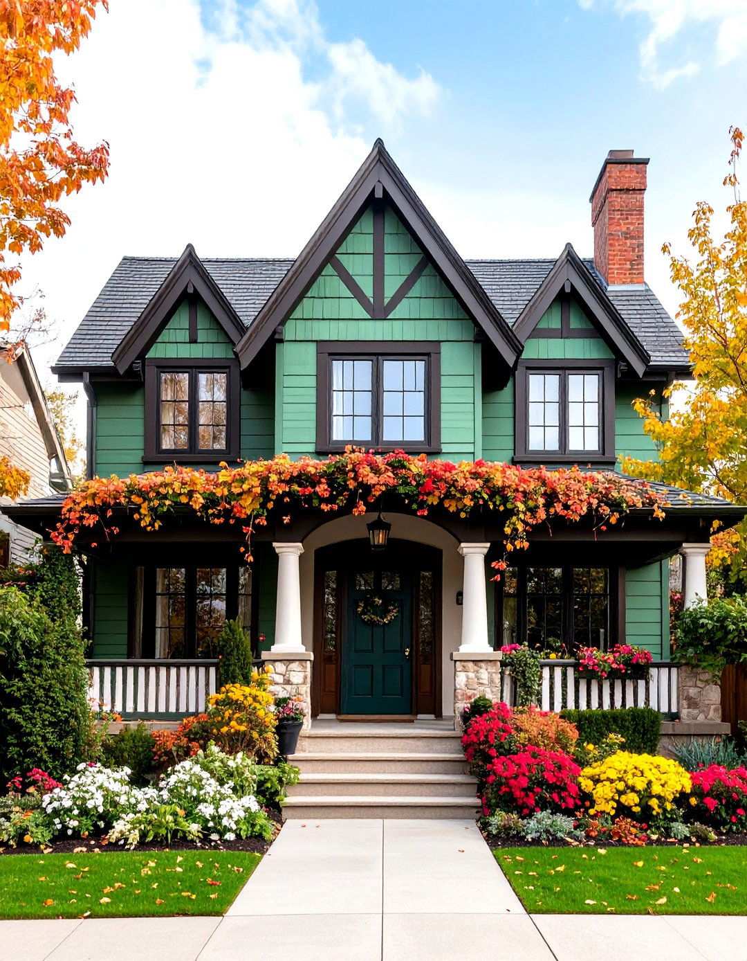 Tudor Revival Sage Green Charm - 24 Sage Green Painted Brick House Ideas