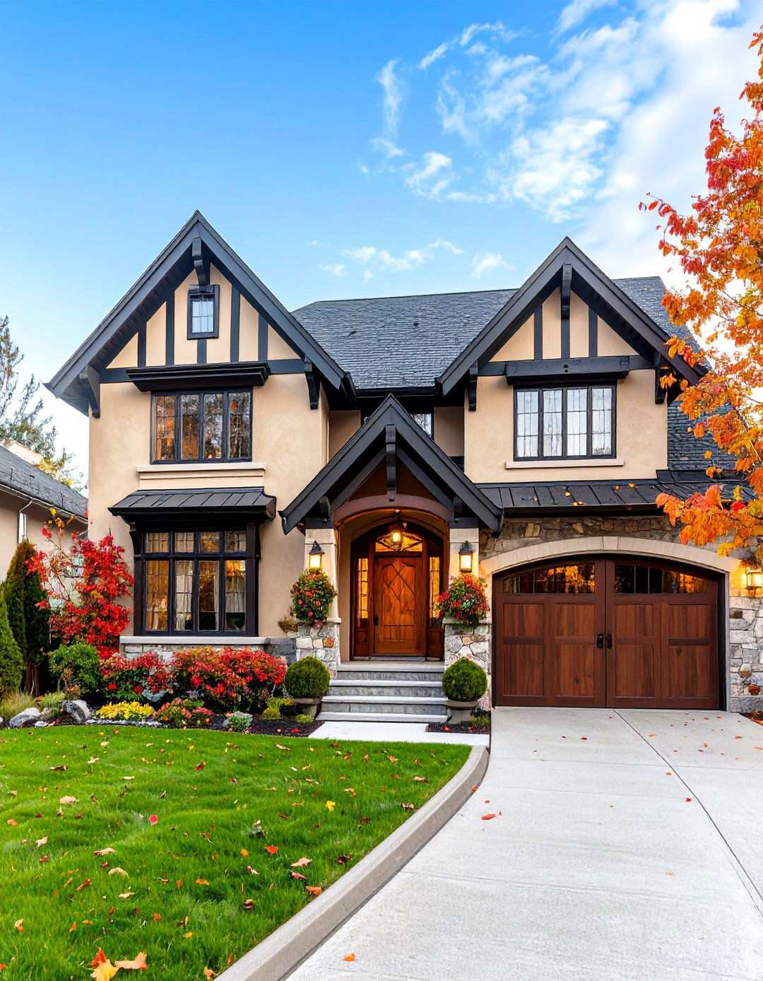 Tudor Revival Tan Stucco and Timber - 24 Tan House With Black Trim Design Ideas