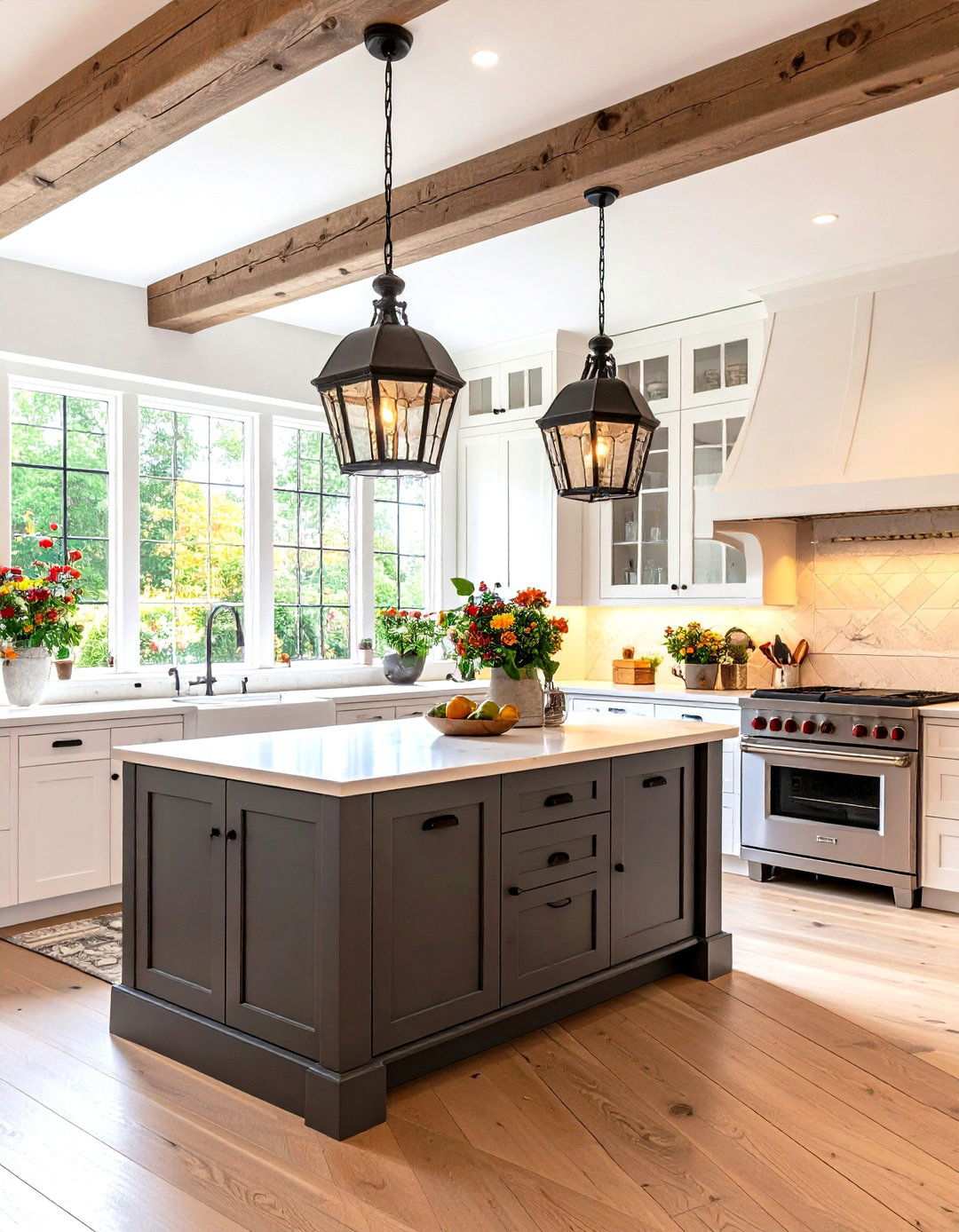 Tudor Revival White Kitchen With Graphite Grey Island - 24 White Kitchen Cabinets With Grey Island Ideas