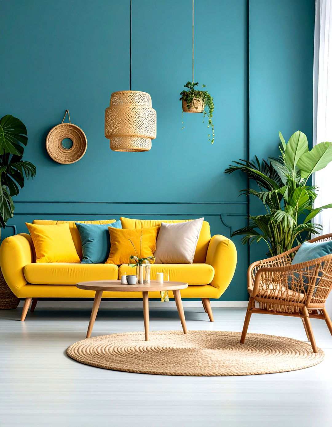 Turquoise Blue and Saffron Yellow Tropical - 24 Yellow and Blue Living Room Ideas