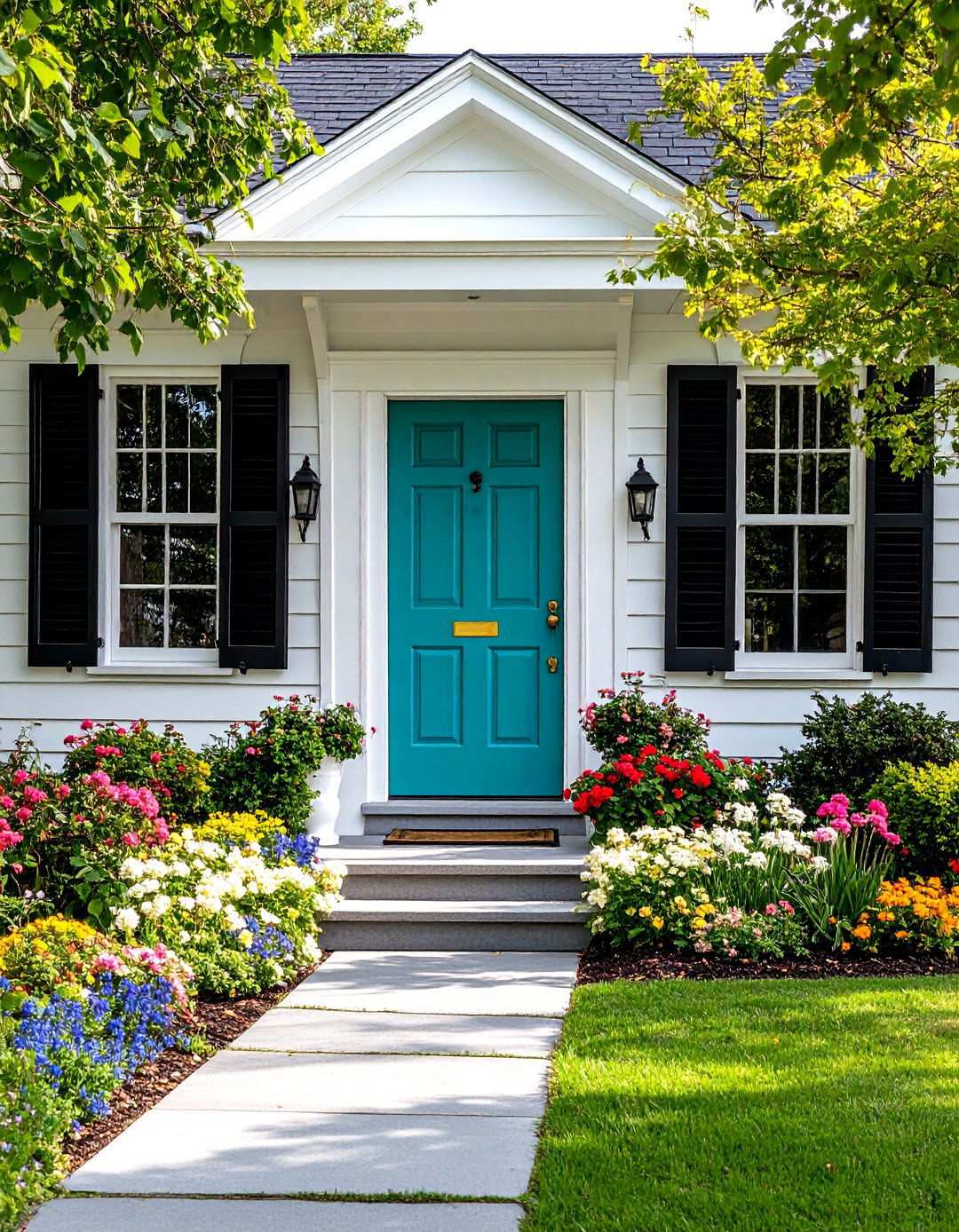 Turquoise Door with Black Shutters and Trim - 24 Turquoise Front Door Ideas